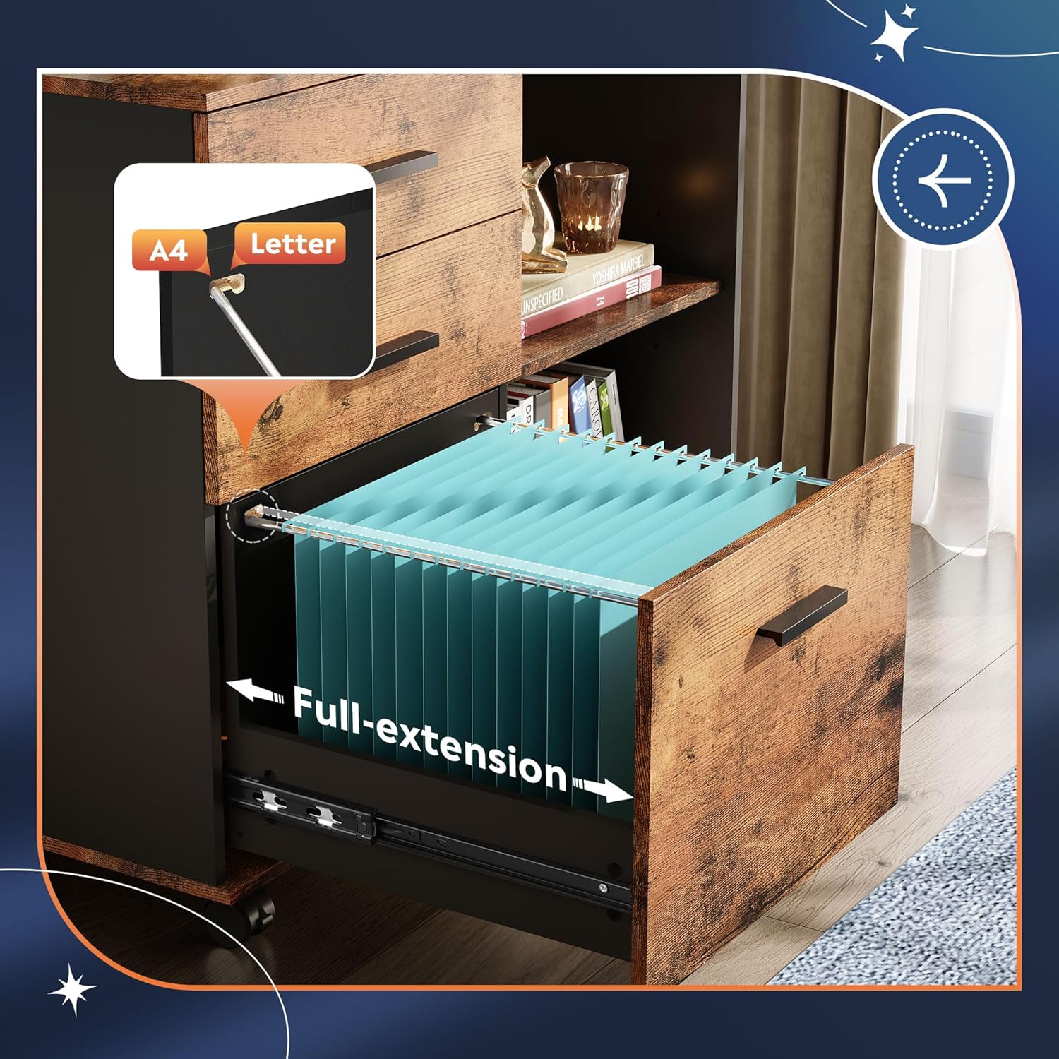 Full Extension of Rustic brown 3-drawer wood file cabinet with open storage shelves