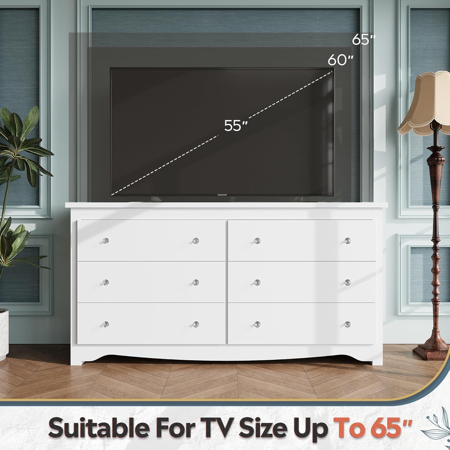 WLIVE Black Wide 6-Drawer Modern Horizontal Wood Dresser with TV Size