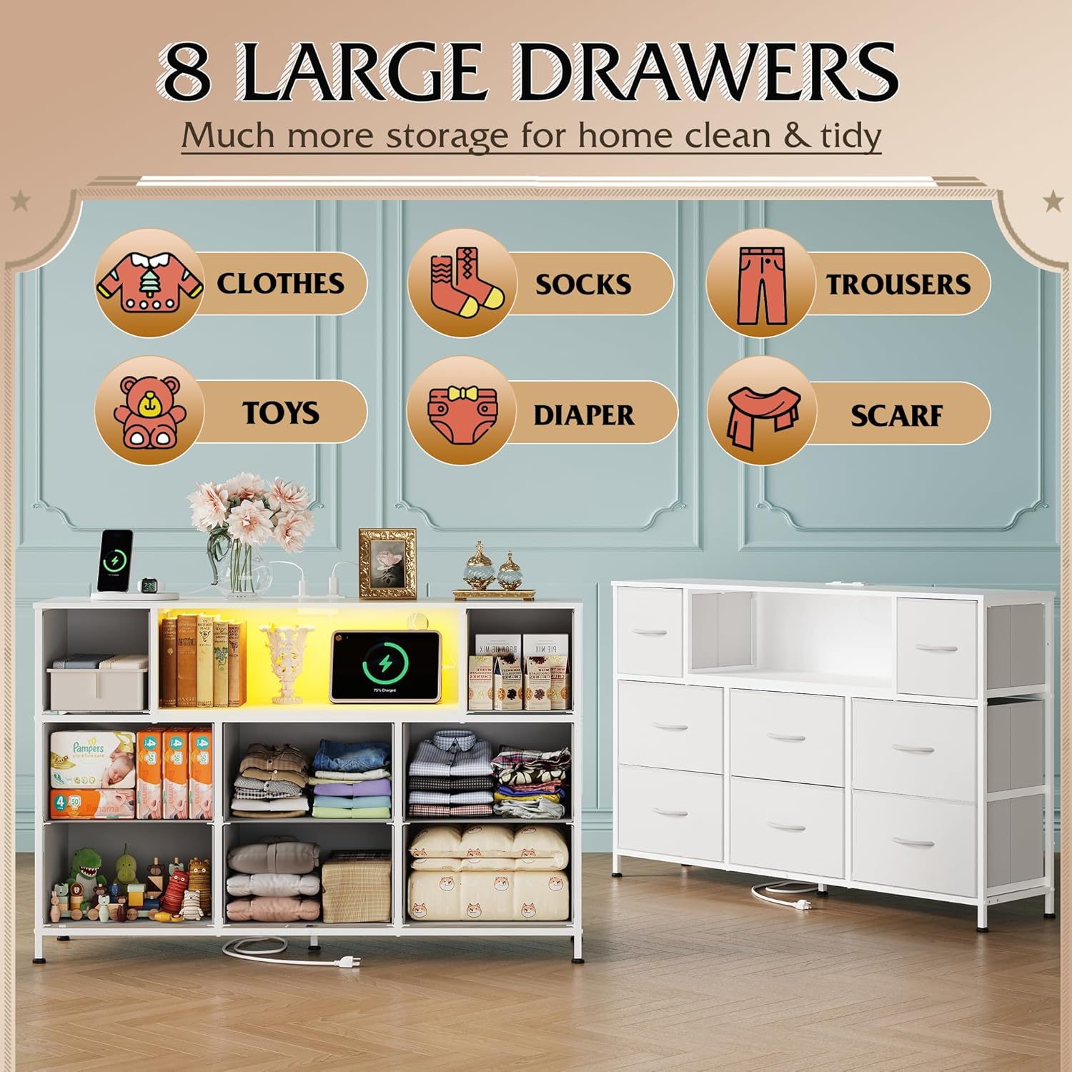 WLIVE 8-drawer fabric dresser TV stand storage