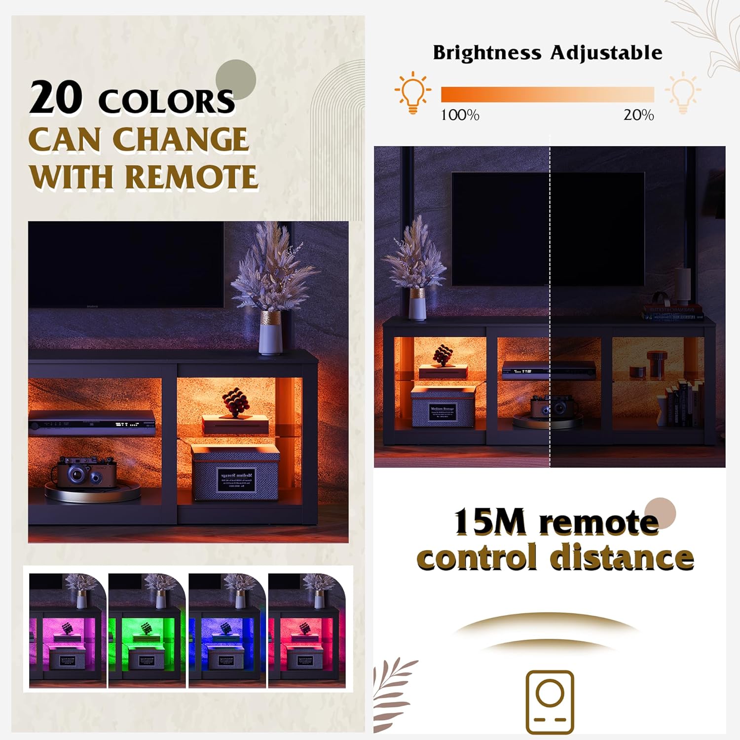 WLIVE Modern Storage TV Stand with 20 LED Colors Control