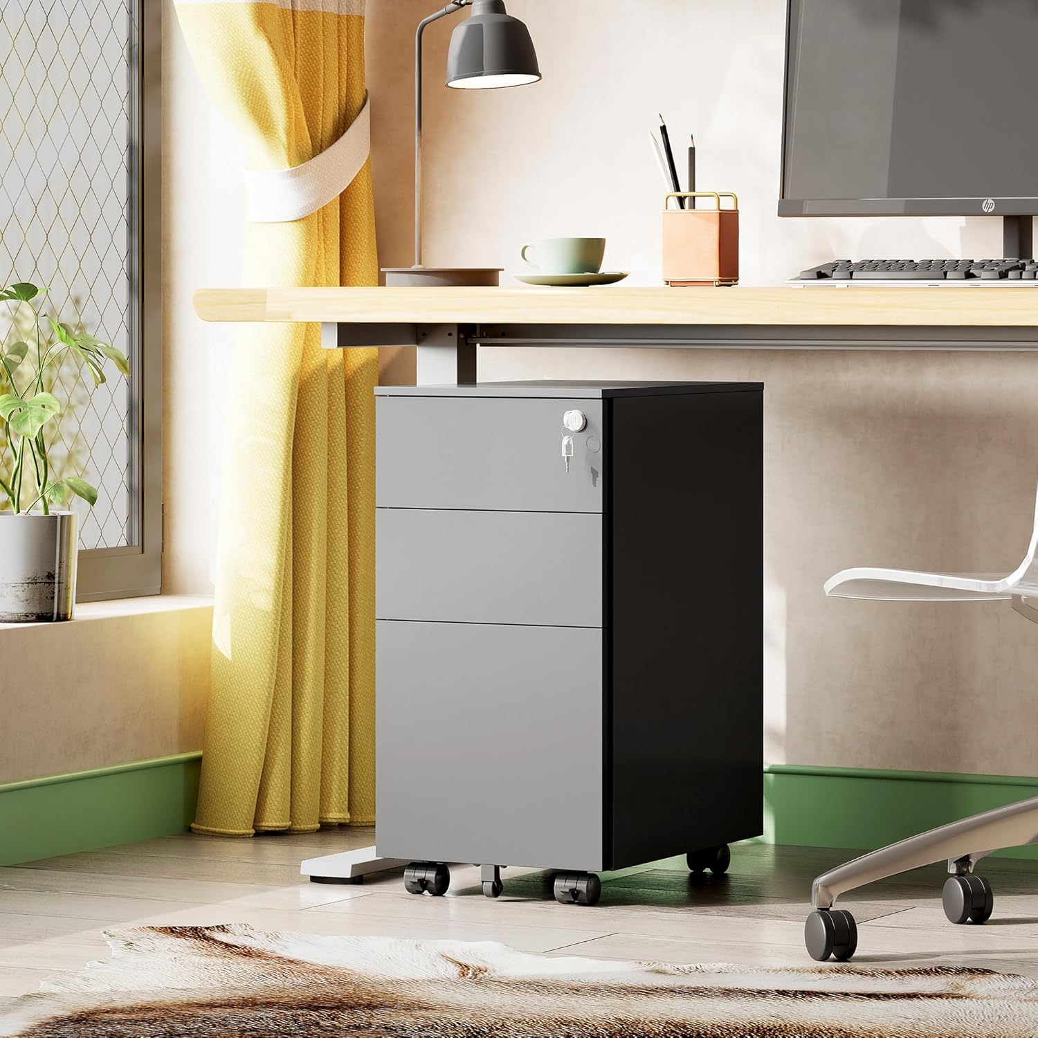 3-drawer metal rolling file cabinet with lock in home office