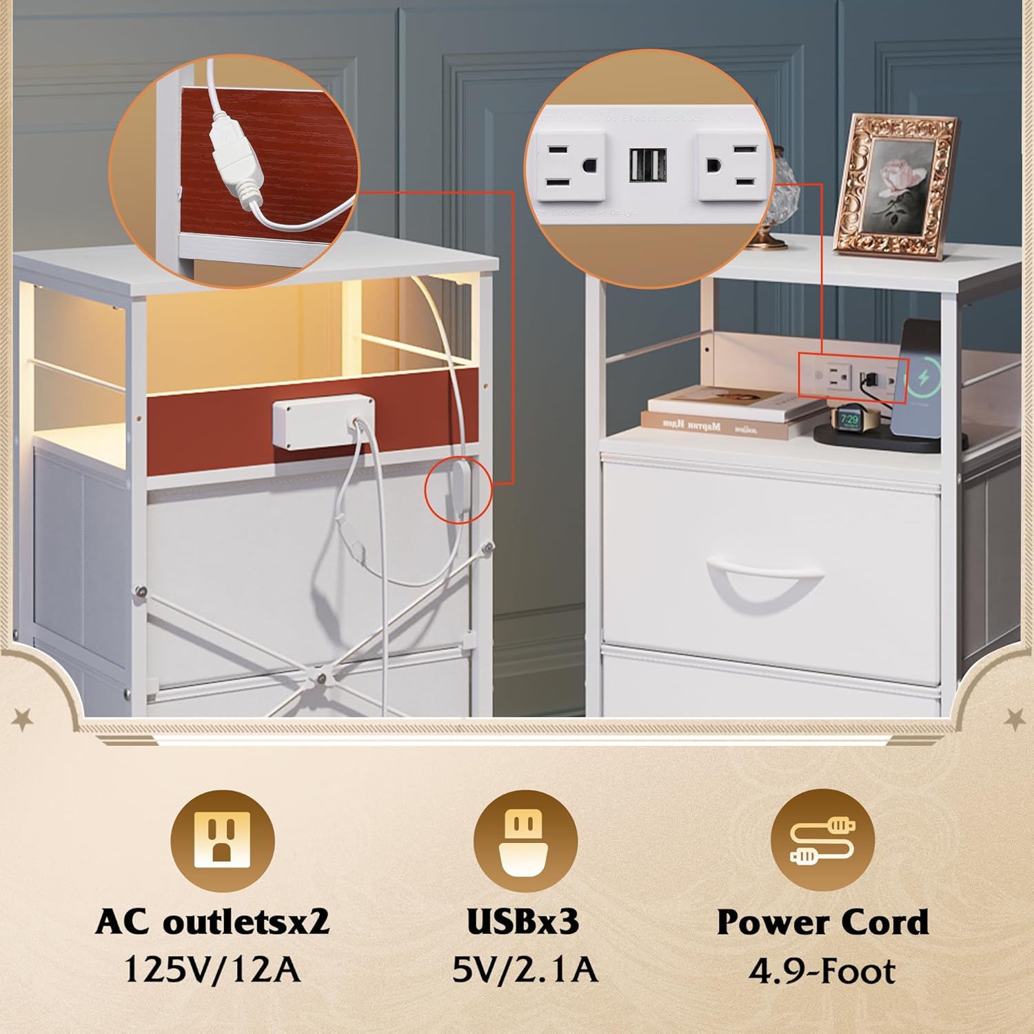 WLIVE Fabric 3-Drawer LED Nightstand with Charging Station
