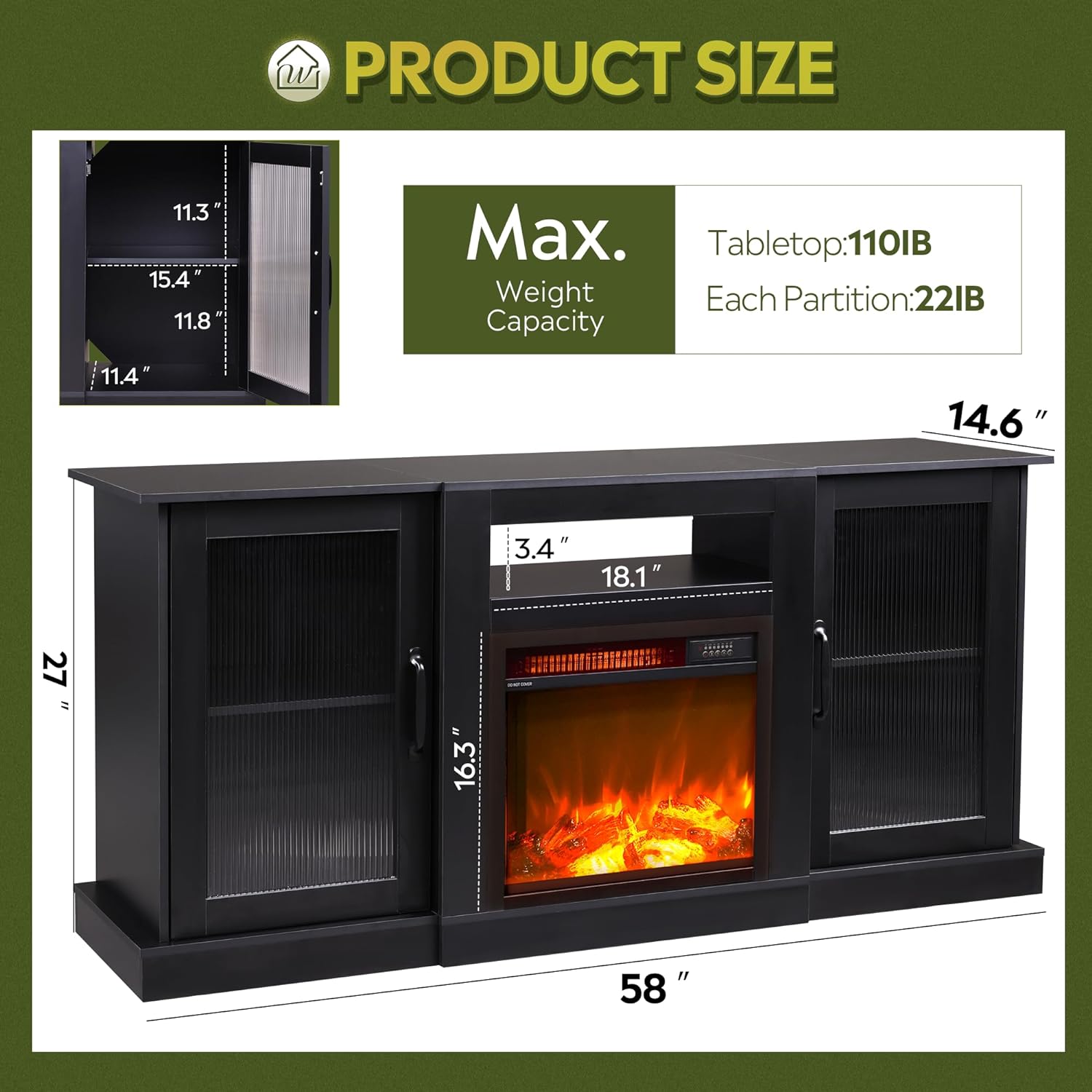 WLIVE Farmhouse TV Console with 18 Inch Electric Fireplace