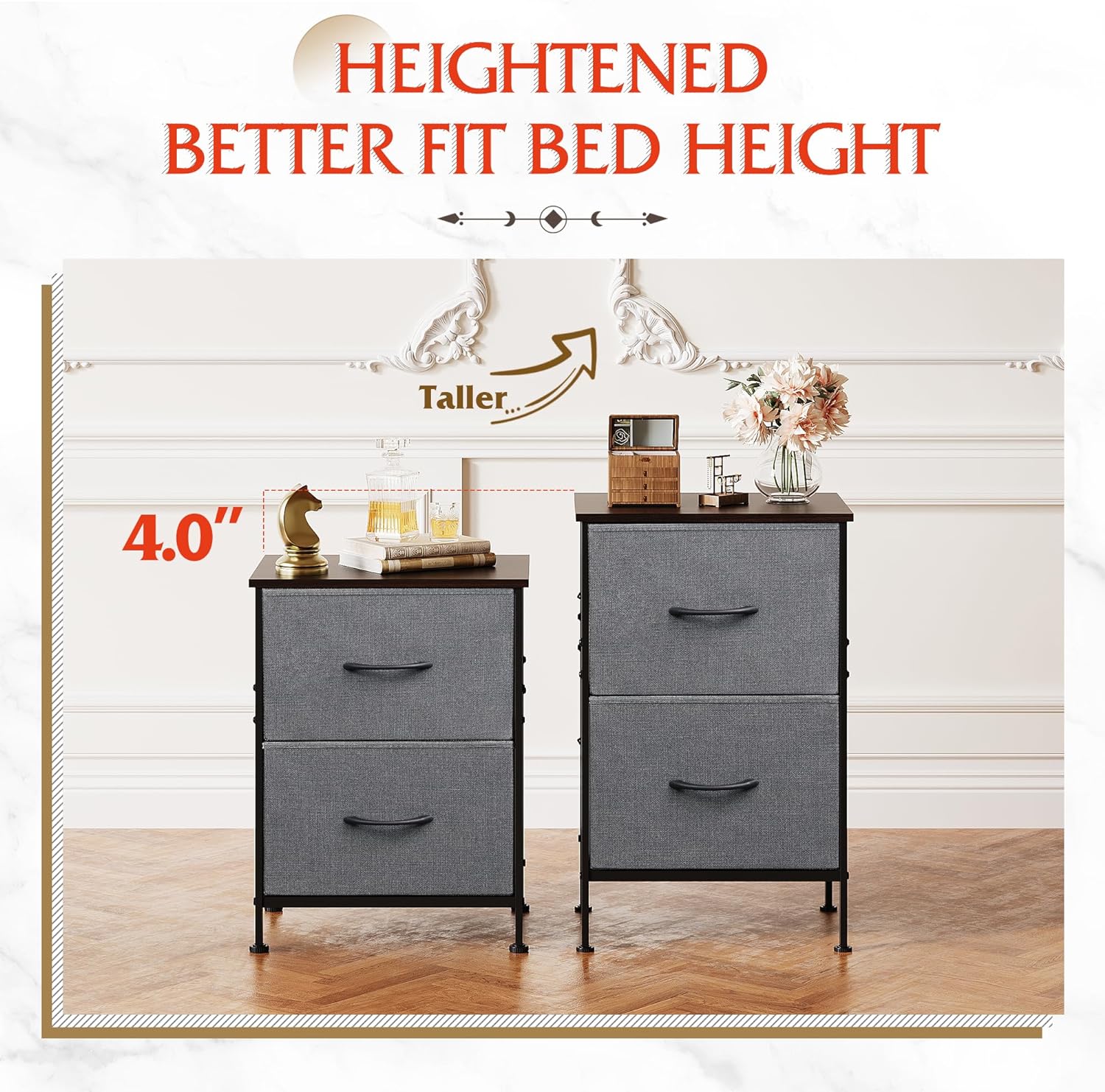 height of small fabric 2-drawer nightstands set of 2