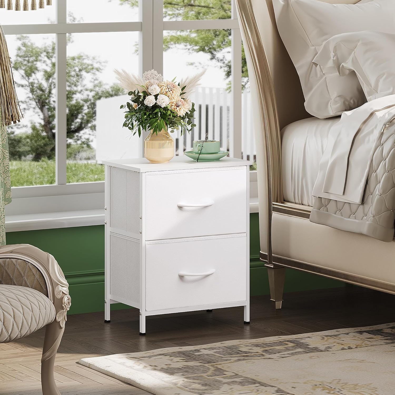 2-drawer fabric storage nightstand in living room