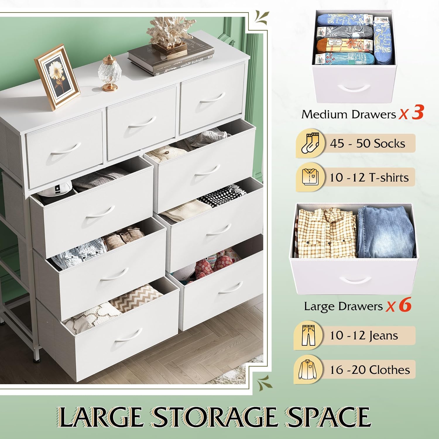 WLIVE Minimalist Tall 9-Drawer Storage Fabric Dresser