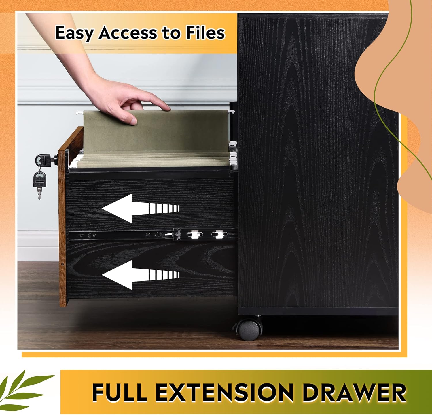 Full extension of wood file cabinet with charging station
