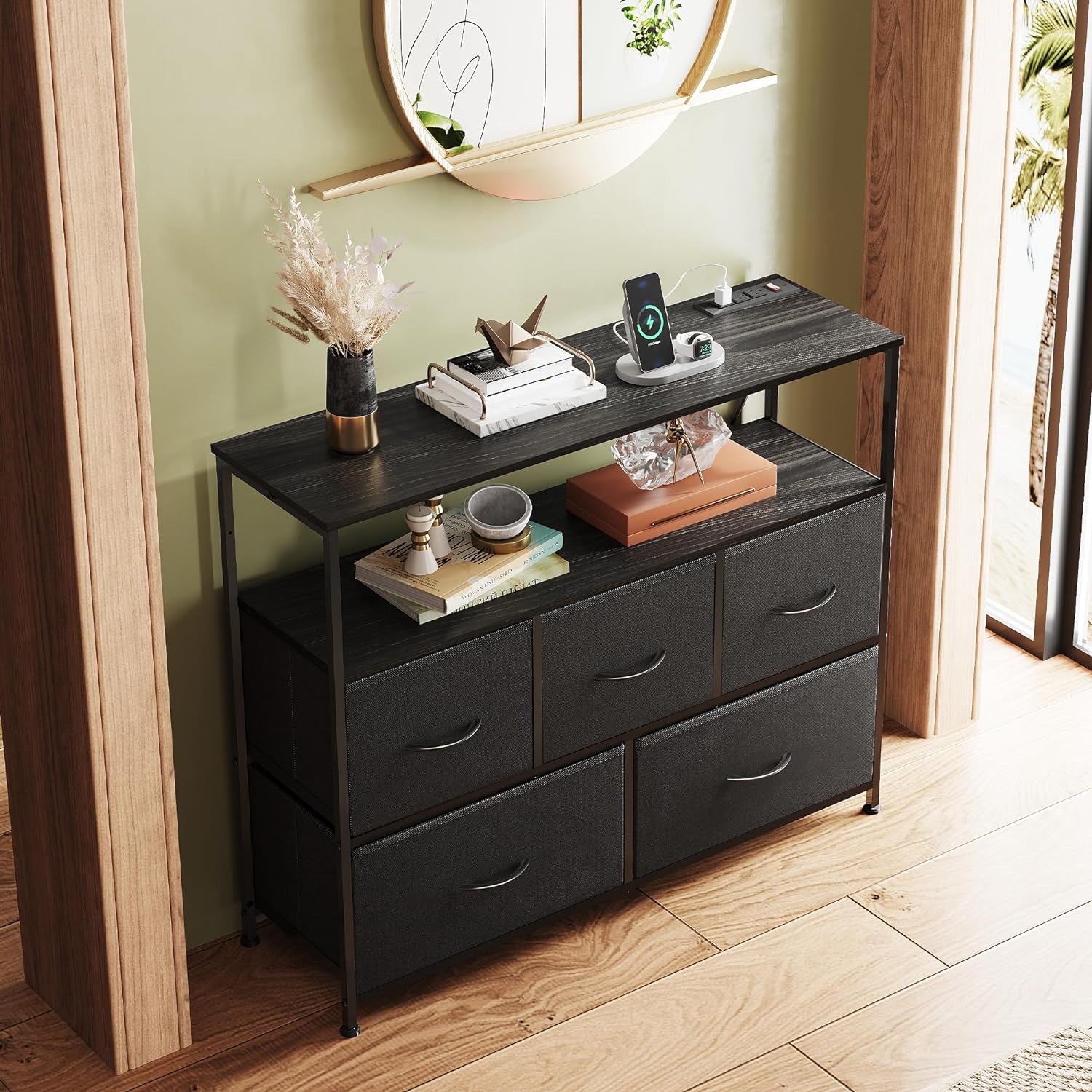 WLIVE 5-drawer fabric dresser TV stand with open shelves in room