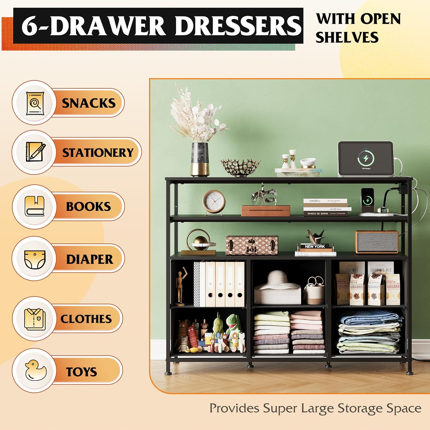 WLIVE Minimalist 6-Drawer LED Large Storage Fabric Dresser TV Stand Storage Space