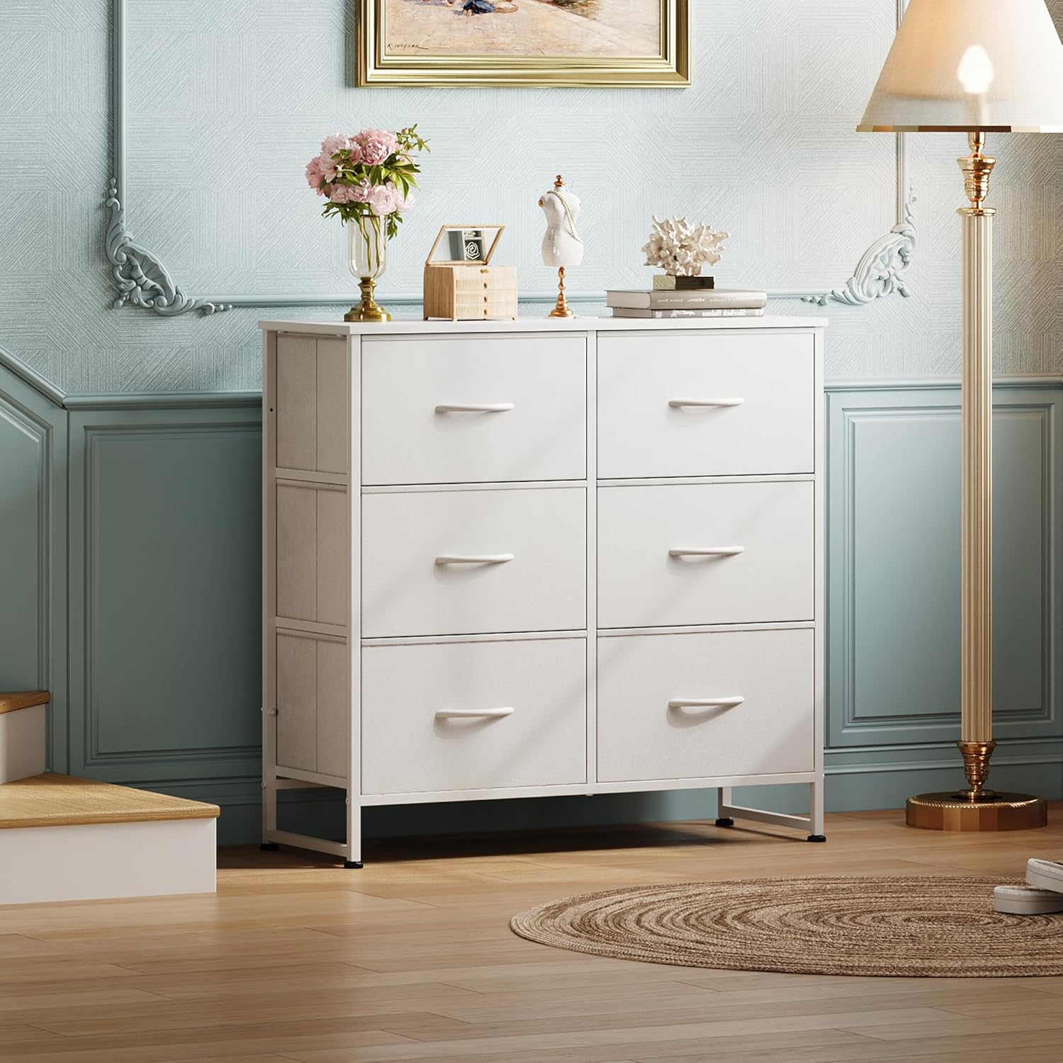 WLIVE White Minimalist Fabric 6-Drawer Double Storage Dresser in room