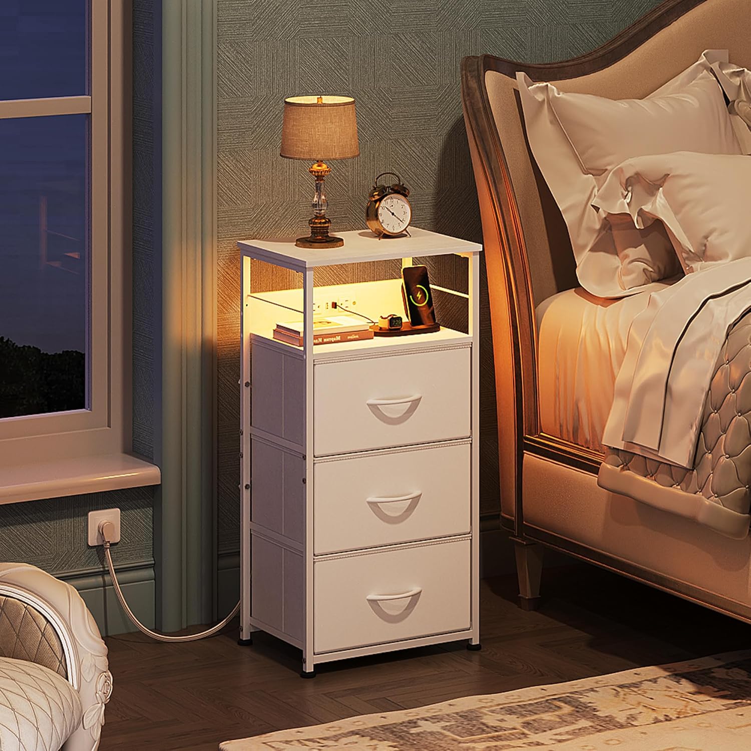 WLIVE Fabric 3-Drawer LED Nightstand with Charging Station in Bedroom