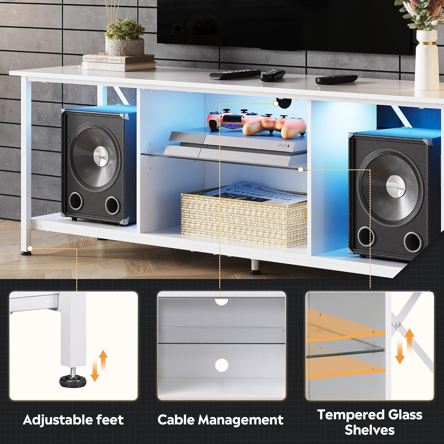 Features of WLIVE Industrial LED TV Stand with Storage Shelves for 65 Inch TV