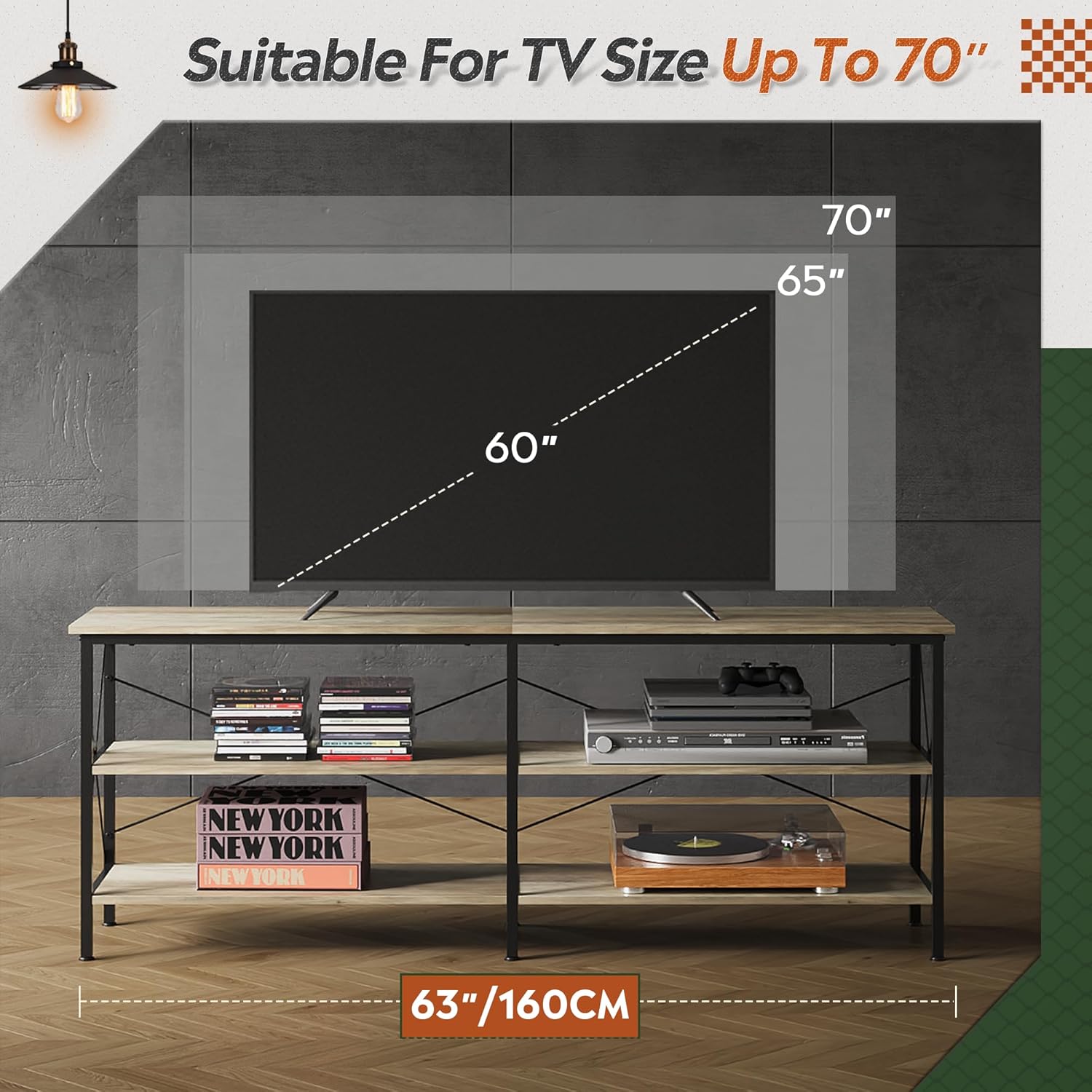WLIVE Industrial 3-Tier Shelves TV Stand for TVs up to 70''