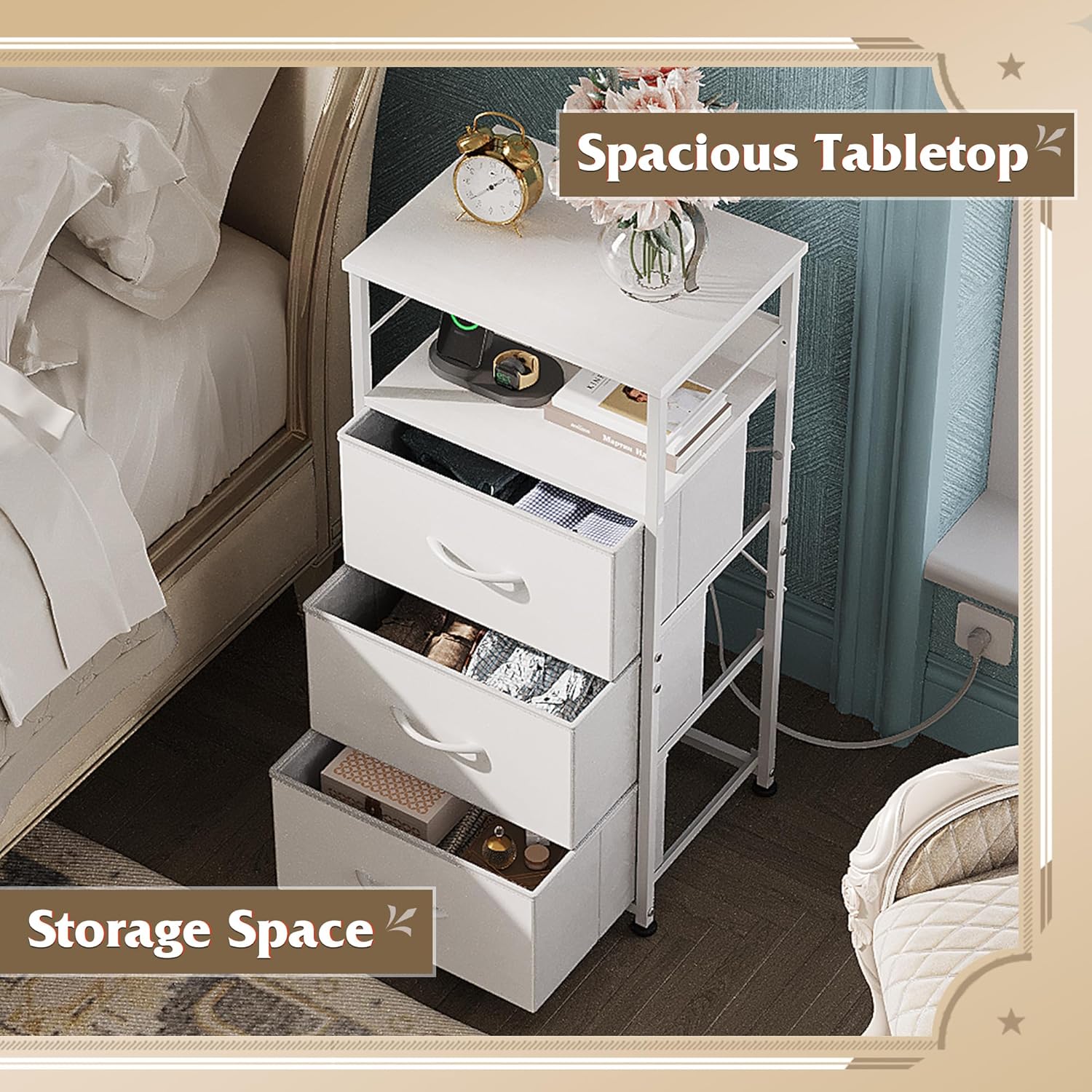 WLIVE Fabric 3-Drawer LED Nightstand