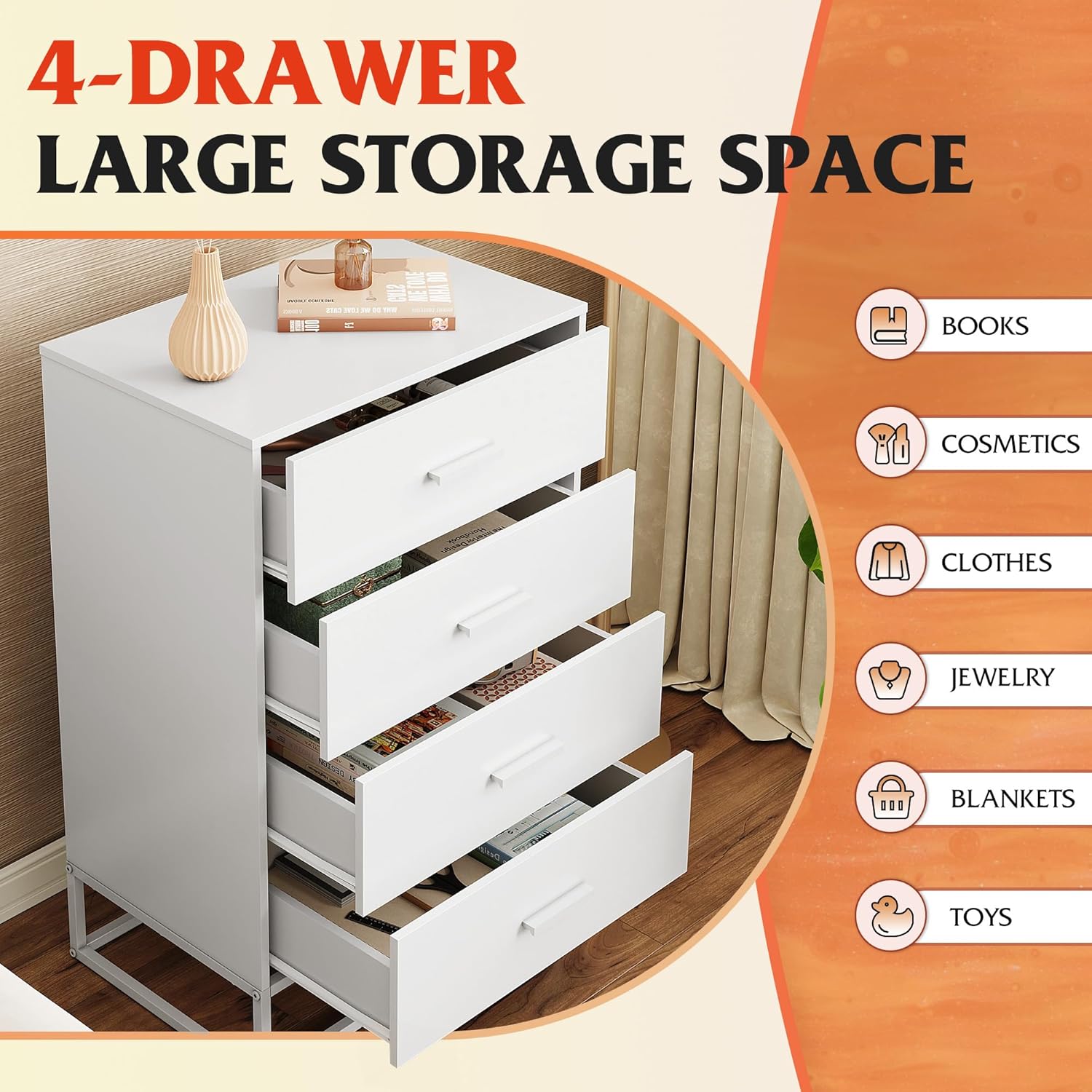 White WLIVE 4-Drawer Minimalist Modern Wood Storage Chest Storage Space