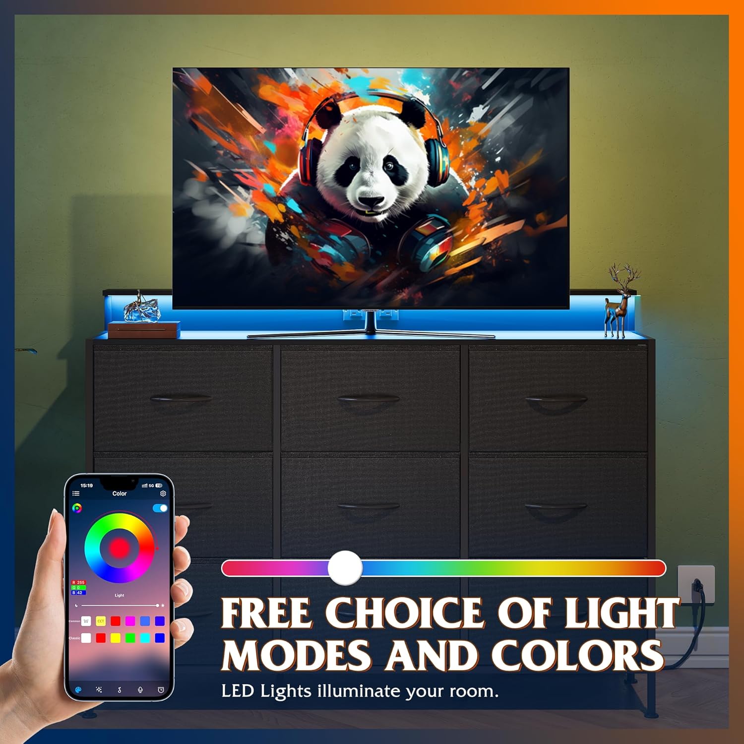 WLIVE 9 drawer fabric dresser TV stand with LED lights