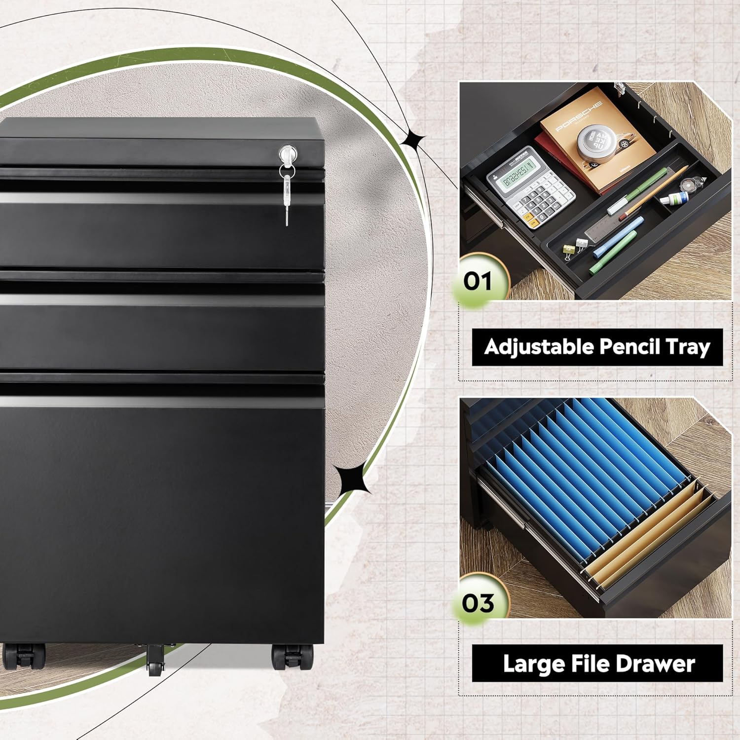 DEVAISE 2 or 3 Drawer Modern Mobile File Cabinet