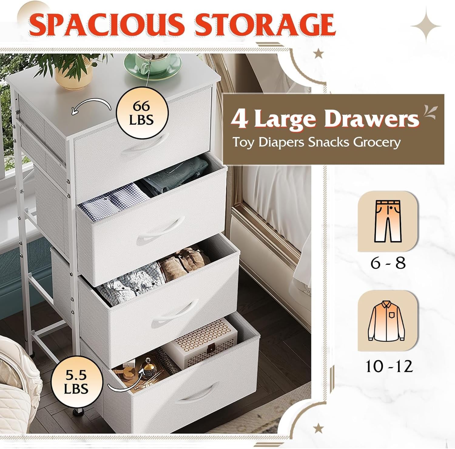 WLIVE tall 4-drawer fabric storage dresser with large drawers