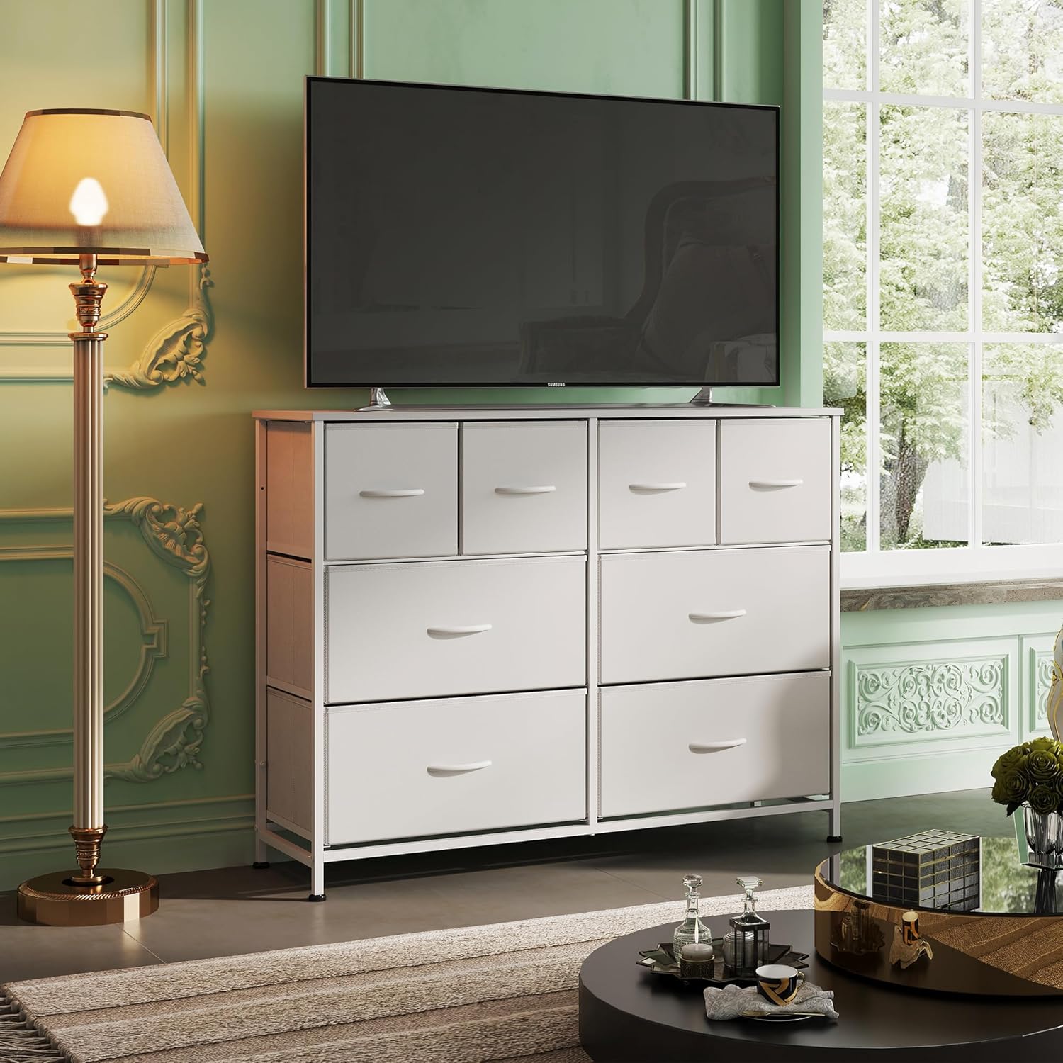 WLIVE Minimalist Wide 8-Drawer Storage Fabric Dresser in Bedroom