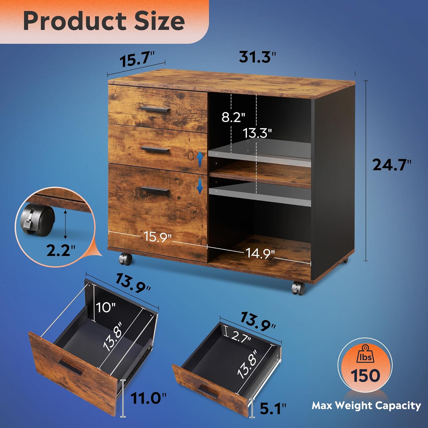 Size of Rustic brown 3-drawer wood file cabinet with open storage shelves