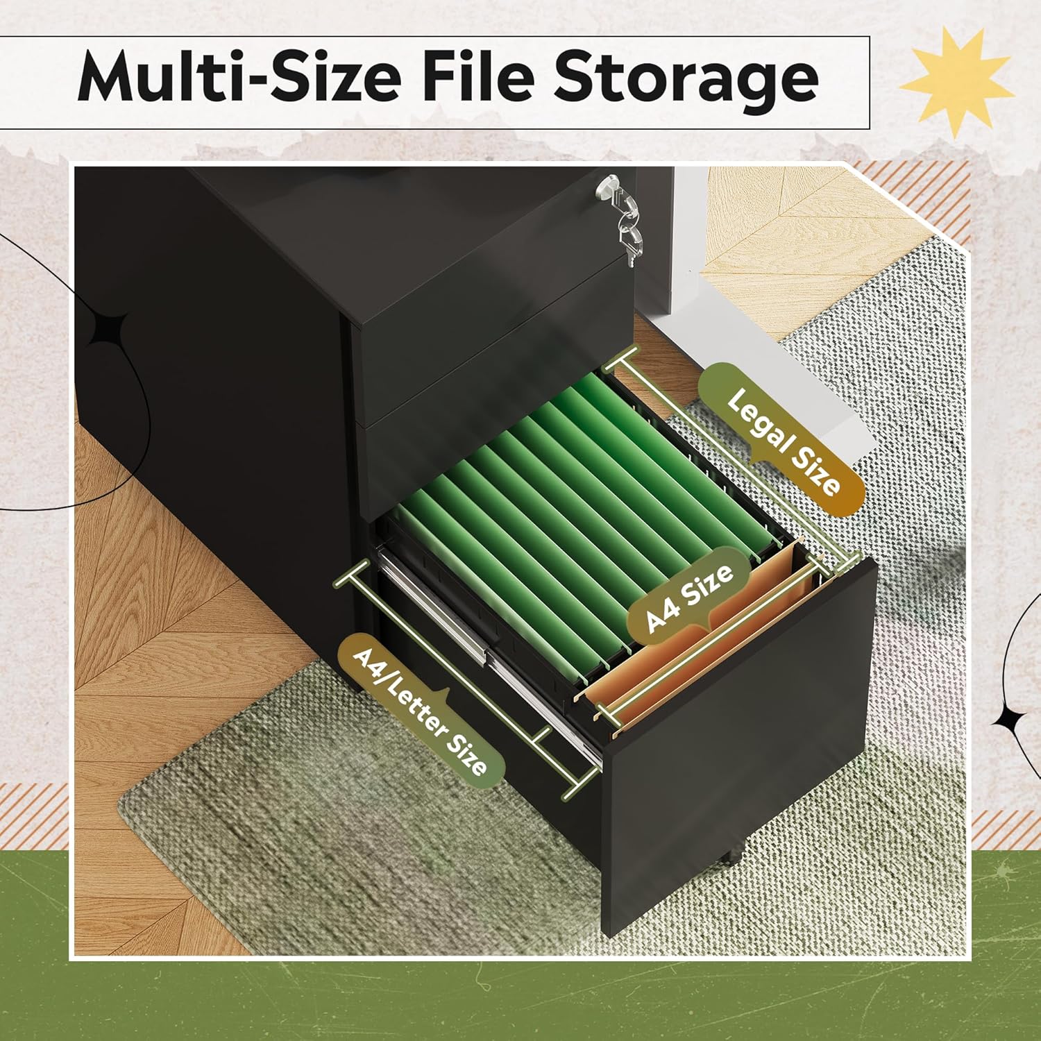 Storage of 3-drawer metal rolling file cabinet with lock