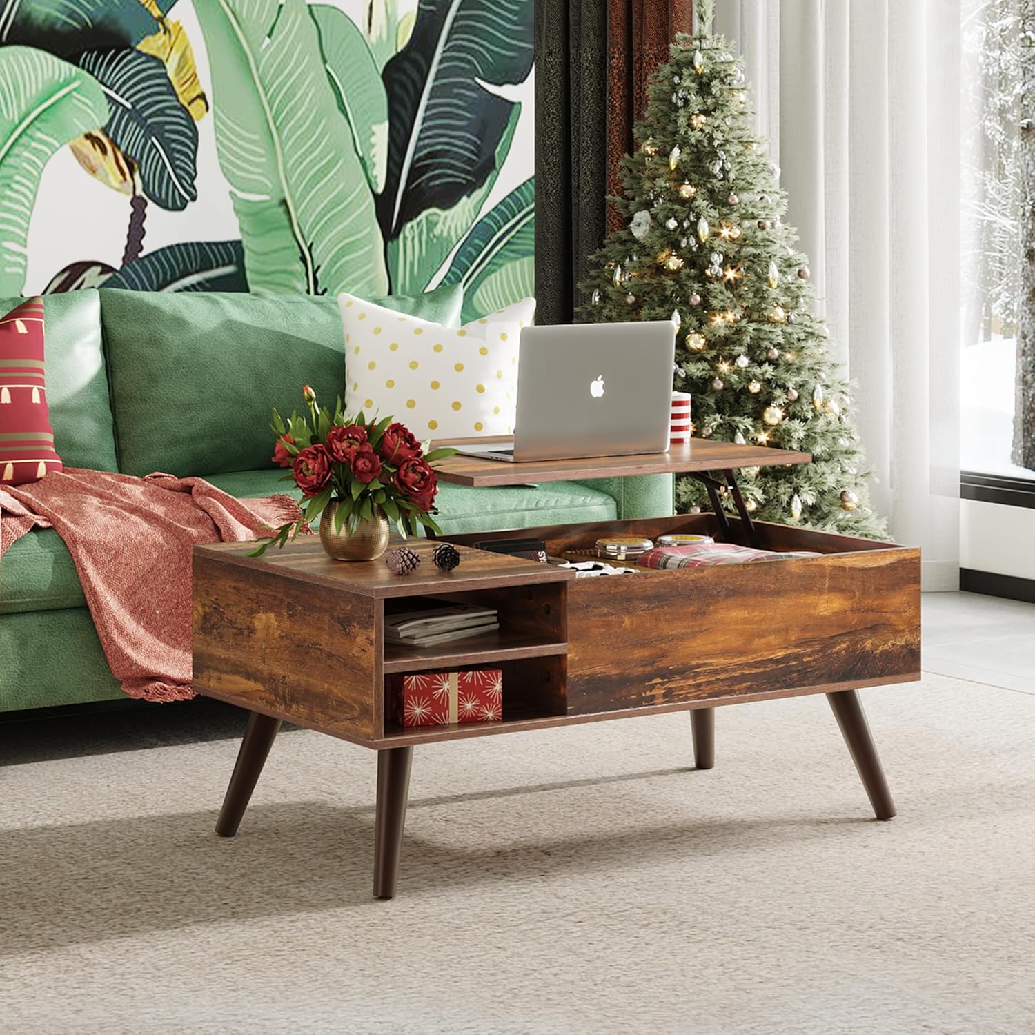 Retro Brown WLIVE Mid Century Modern Wood Lift Top Coffee Table with bookshelves in living room