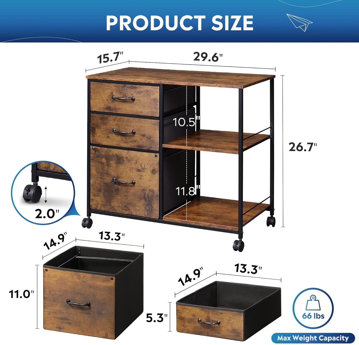 Size of Vertical 3-drawer fabric mobile file cabinet with 2 open shelf