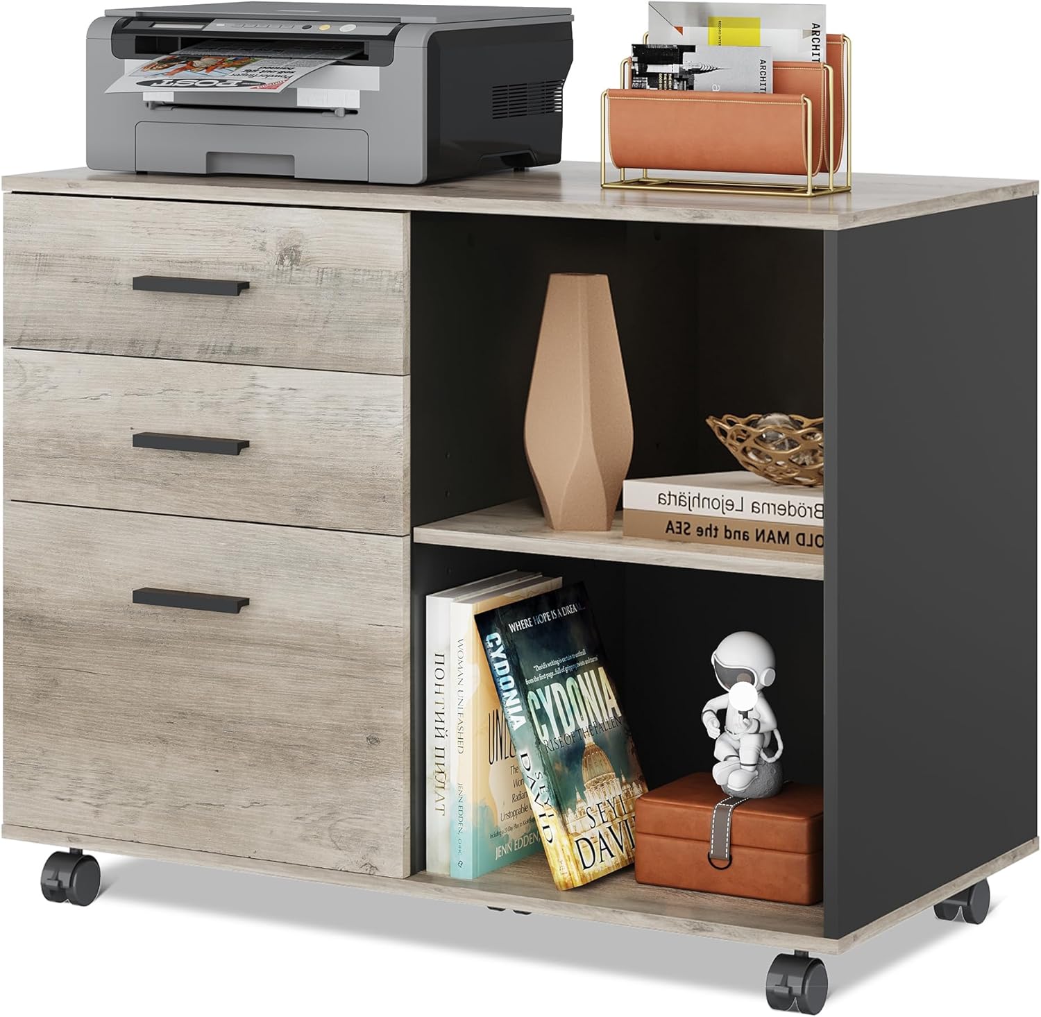 DEVAISE 3-Drawer Wood File Cabinet with Open Storage Shelves