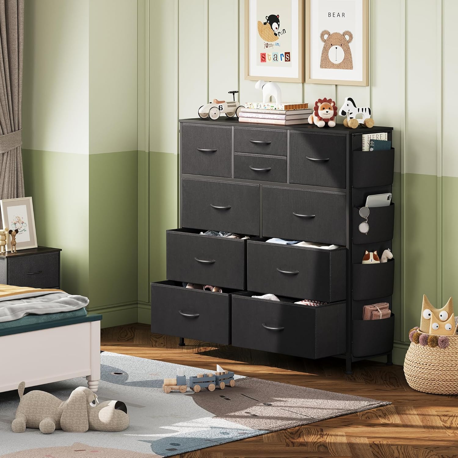 WLIVE 10 drawer fabric dresser with side pockets and hooks in kids room