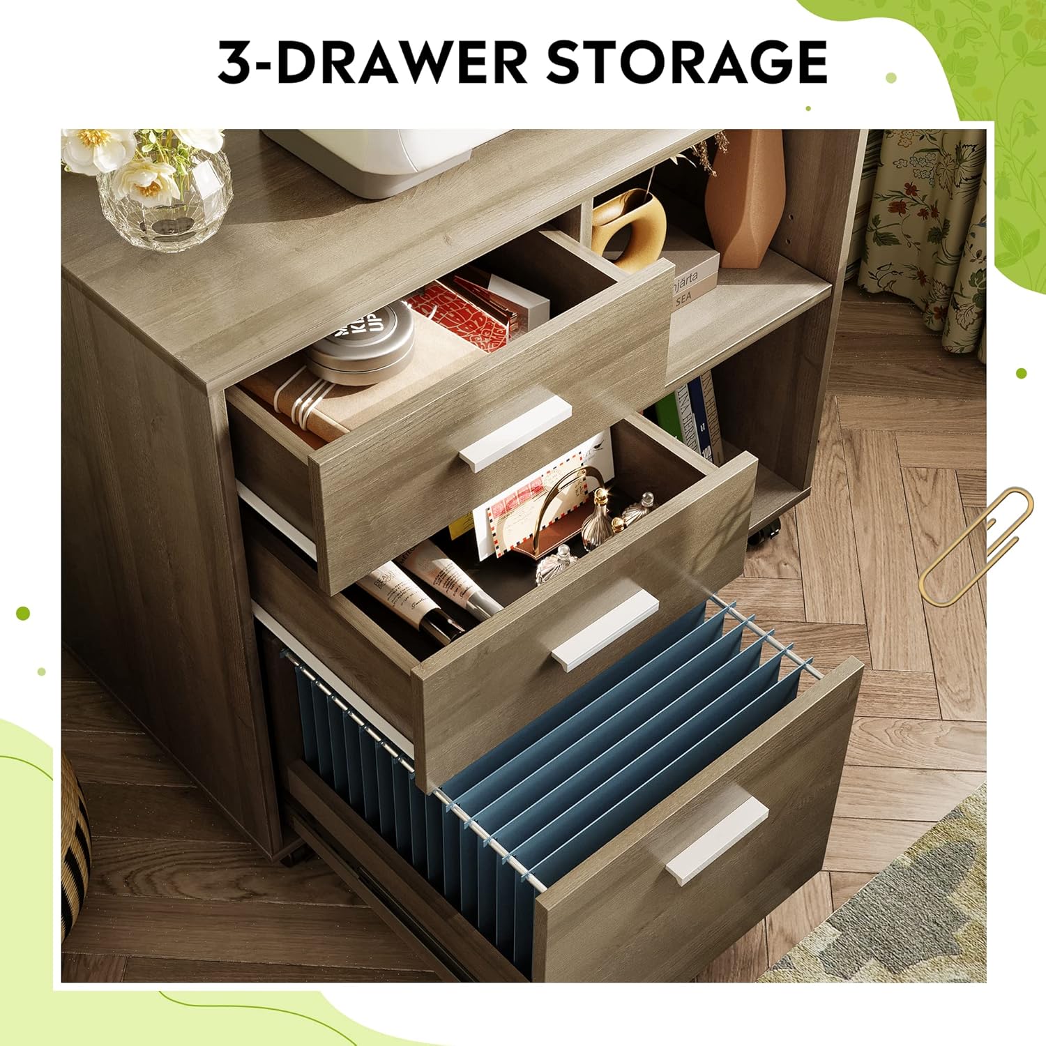 DEVAISE Upgraded 3-Drawer Wood Mobile Lateral File Cabinet