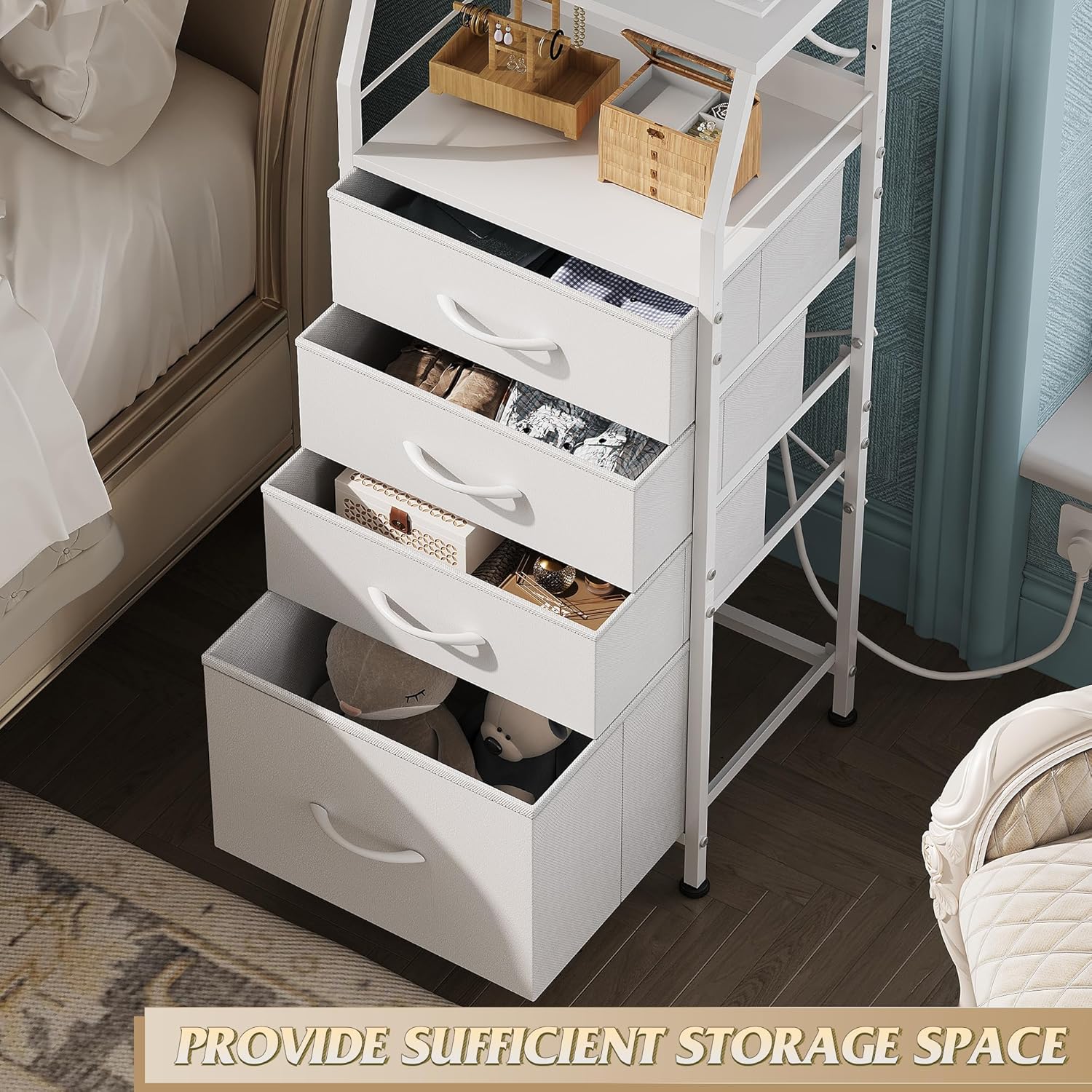 WLIVE Fabric 4-Drawer LED Nightstand with Charging Station Storage Space