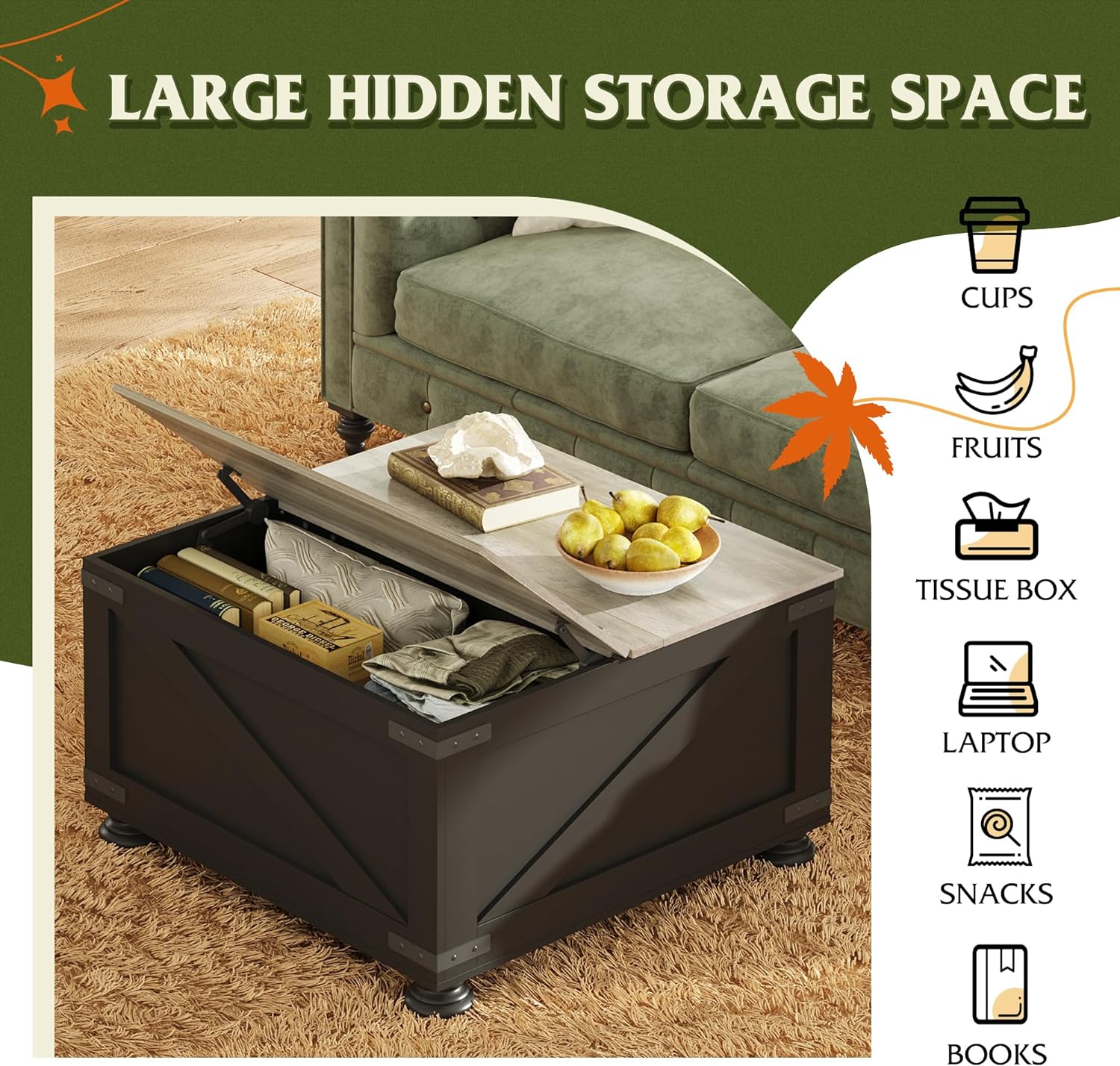 WLIVE Square Wood Farmhouse Lift Top Coffee Table with Hidden Storage