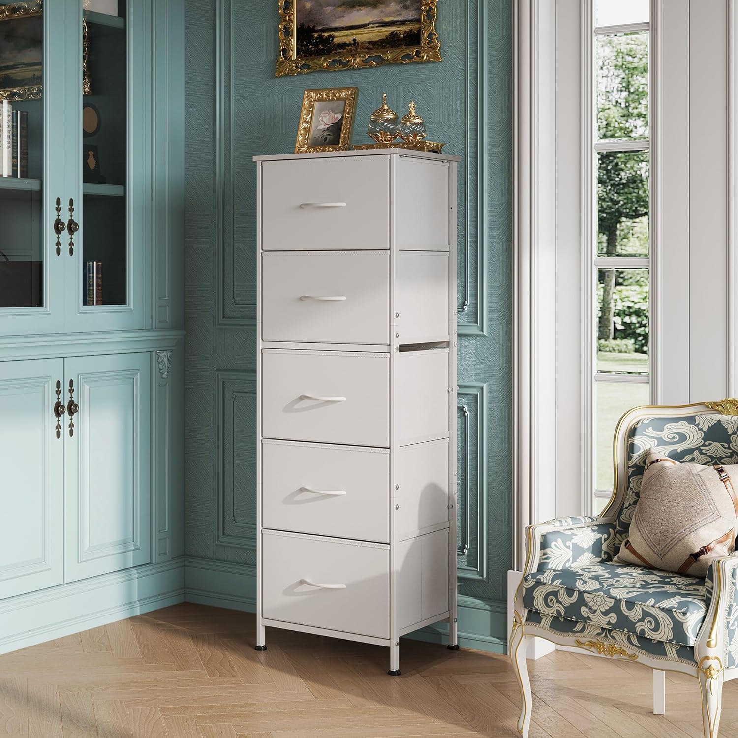5-drawer fabric dresser chest in room