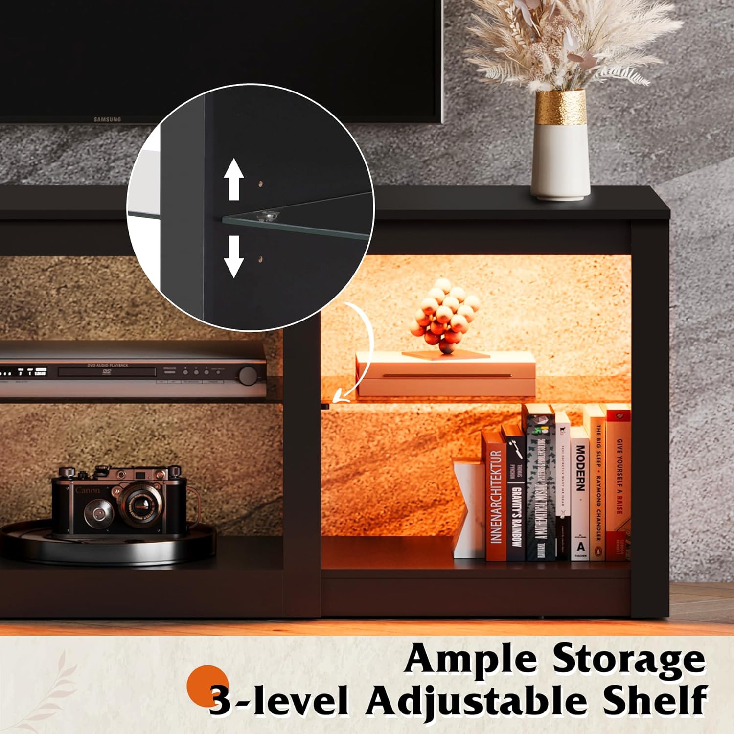 WLIVE Modern Storage LED TV Stand with 3-level Adjustable Glass Shelves