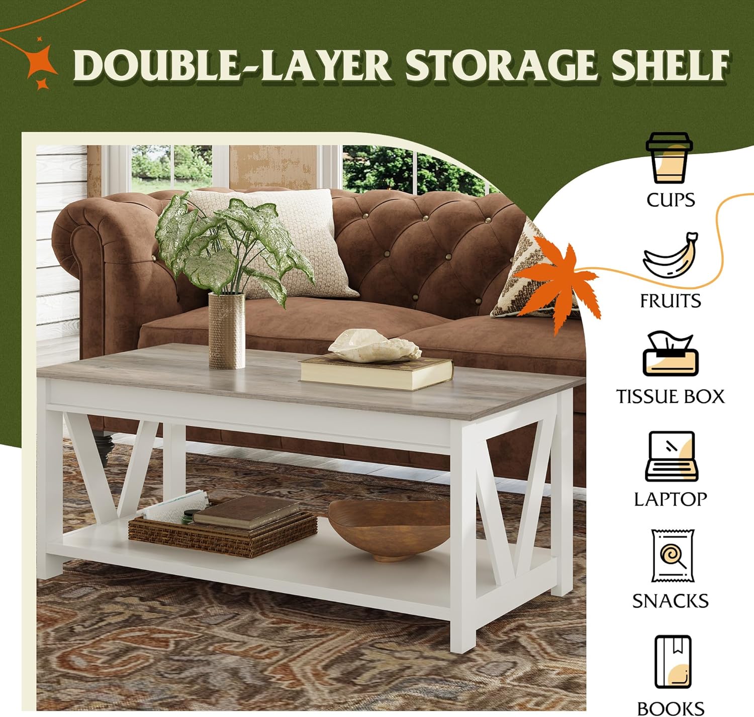 WLIVE Rectangle Farmhouse Wood Coffee Table with Storage Shelf