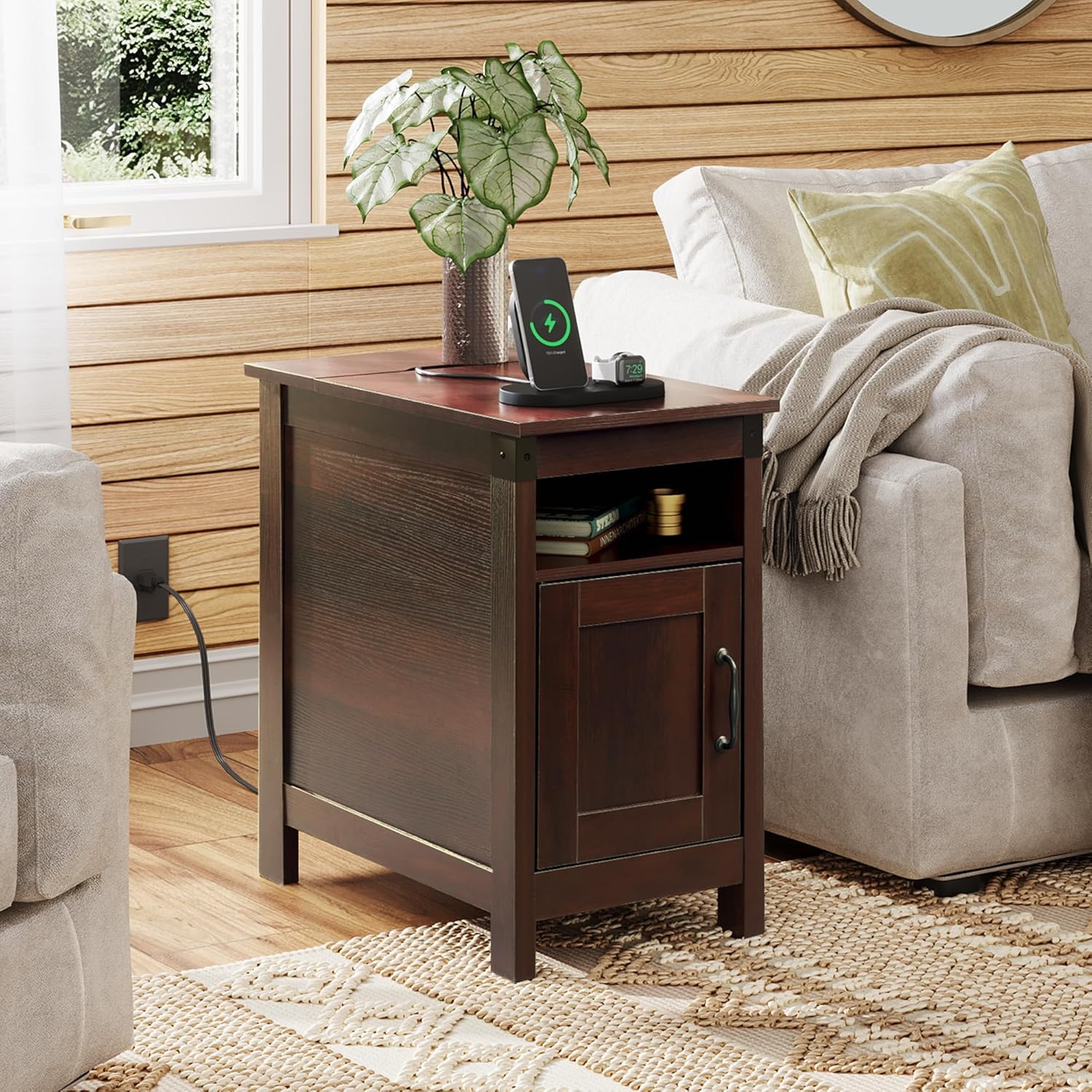 Espresso WLIVE Narrow Vintage Charging Side Table with Cabinet in room