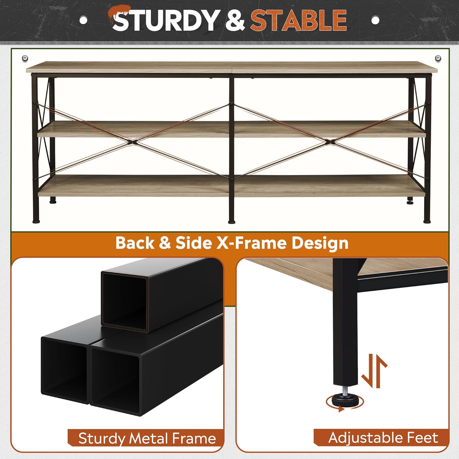WLIVE Industrial 3-Tier Shelves TV Stand for TVs up to 70'' Frame Design