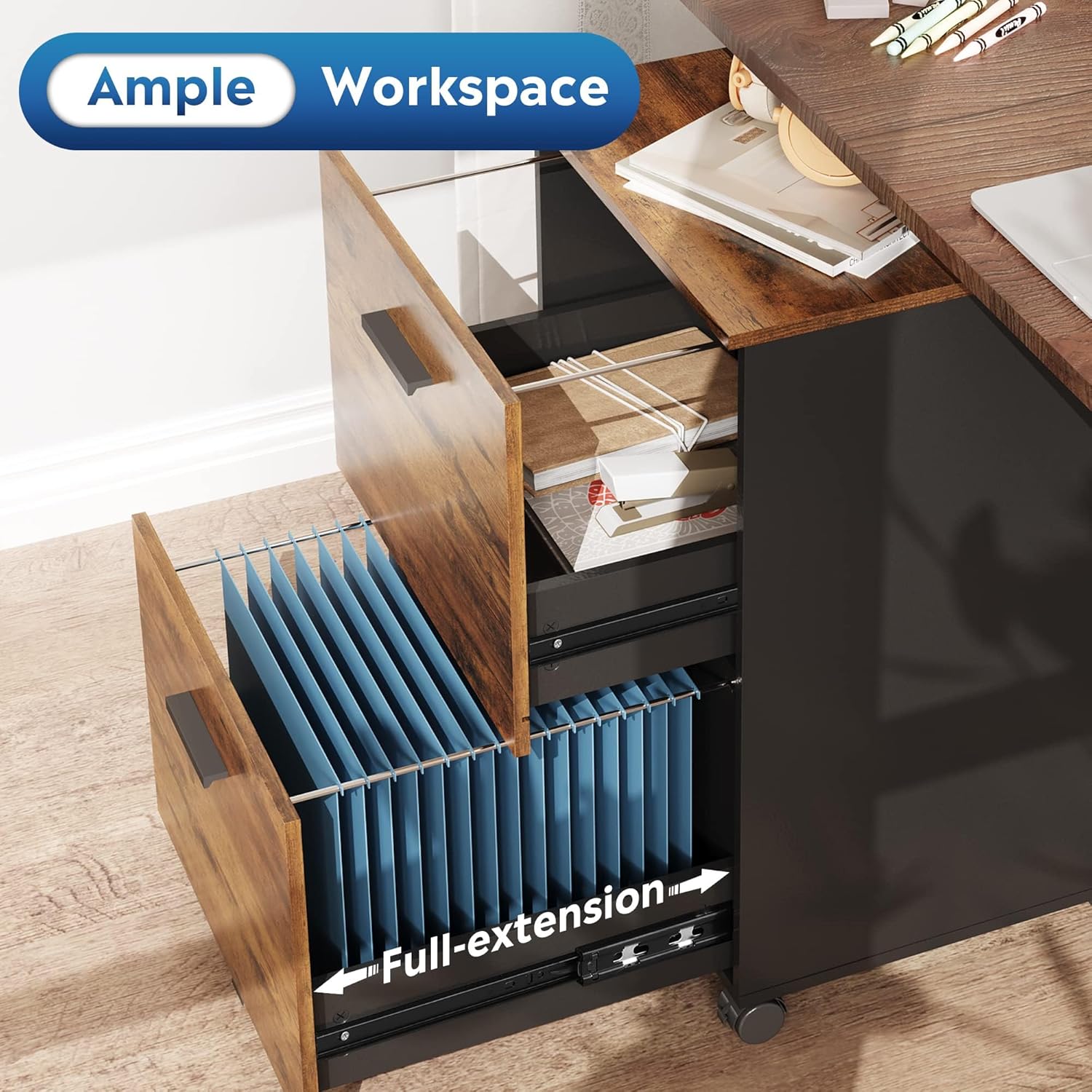 Full extension of Rustic brown 2-drawer wood file cabinet