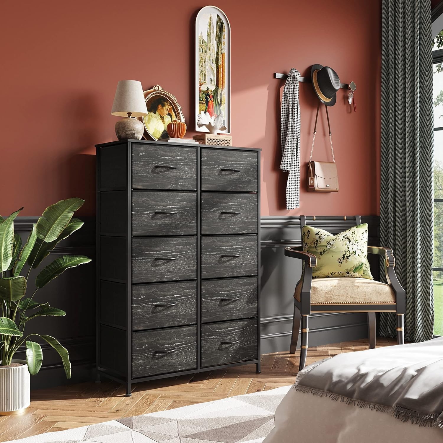 charcoal black  WLIVE 10-drawer fabric dresser in room