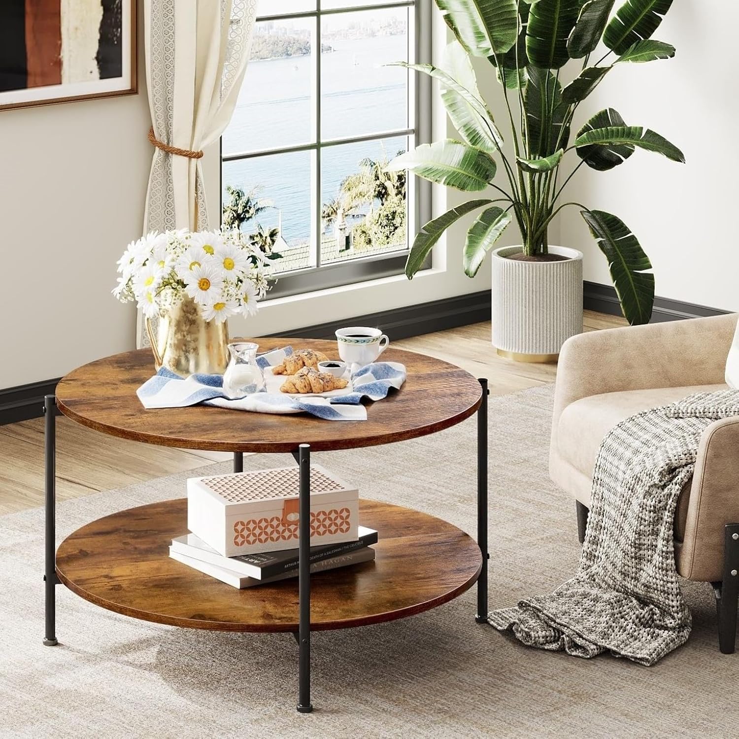 WLIVE round industrial coffee table with storage in living room