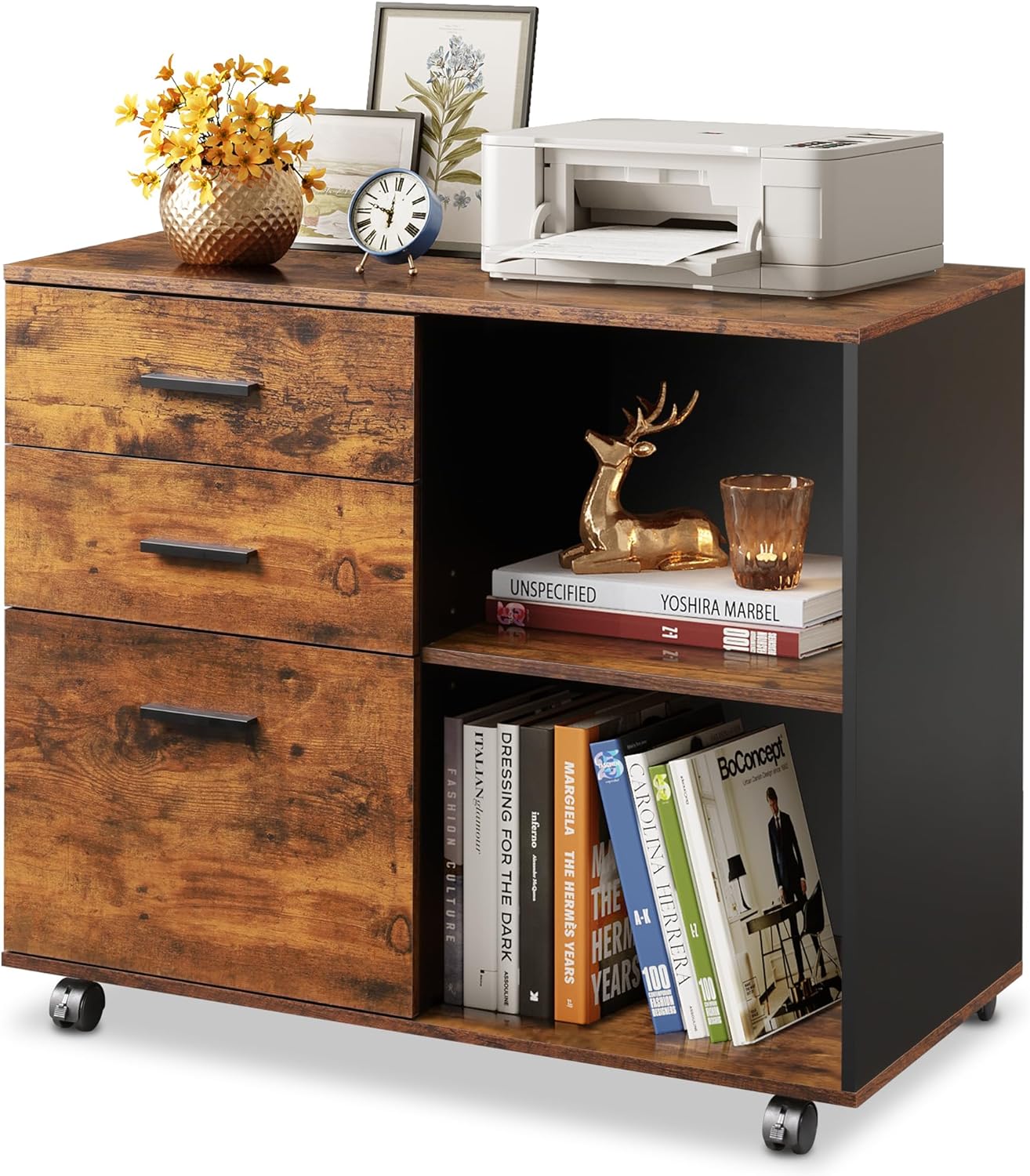 DEVAISE 3-Drawer Wood File Cabinet with Open Storage Shelves