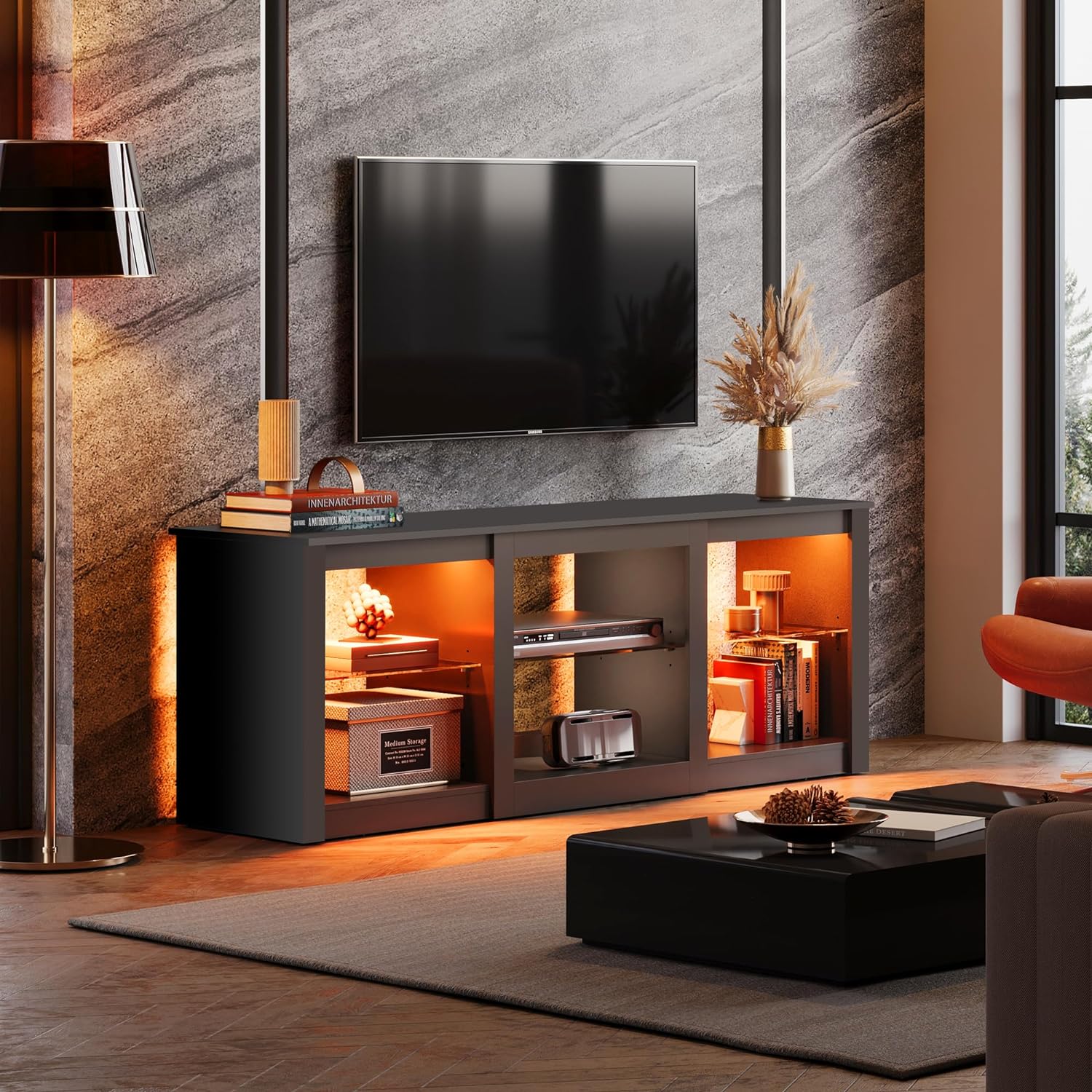 WLIVE Black Modern Storage LED TV Stand with Glass Shelves in Living room
