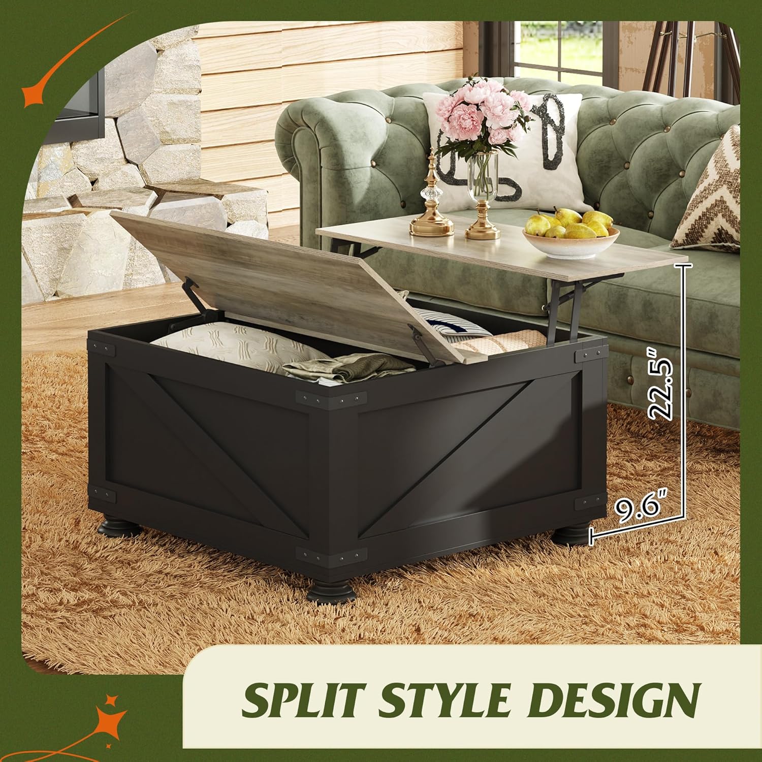 WLIVE Square Wood Farmhouse Lift Top Coffee Table with Split Style Design