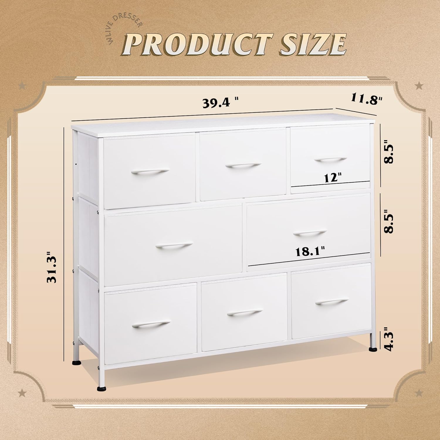 Size of WLIVE Minimalist 8-Drawer Large Storage Fabric Dresser