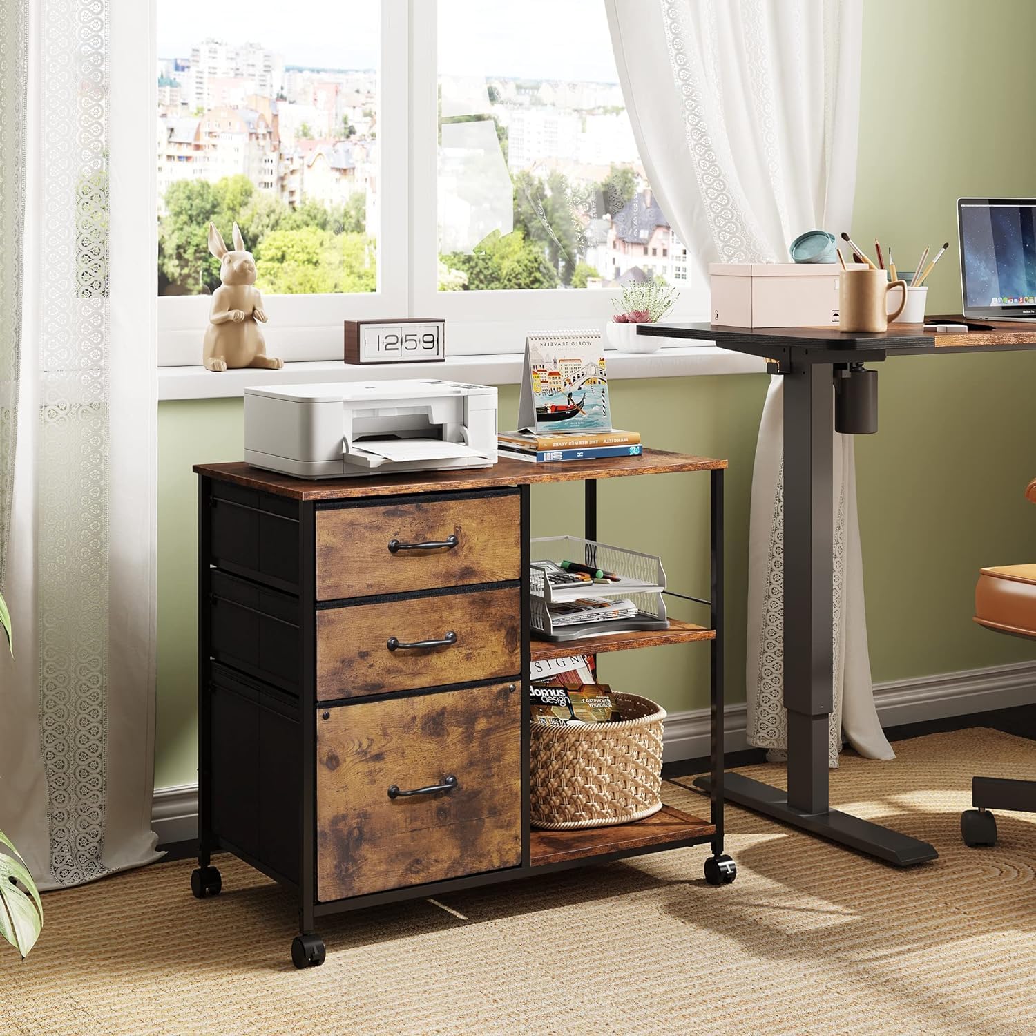 Vertical 3-drawer fabric mobile file cabinet with 2 open shelf in Home office