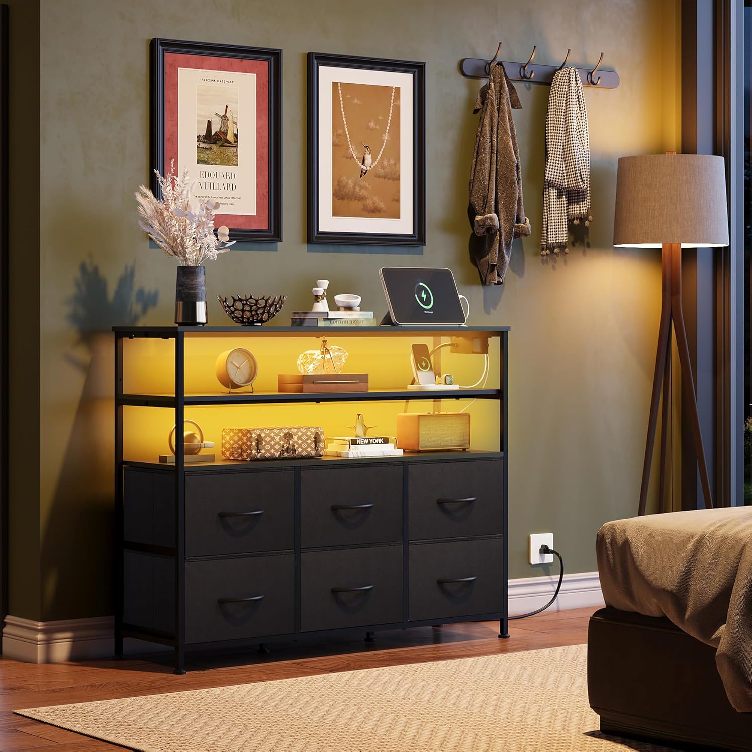 WLIVE Black Minimalist 6-Drawer LED Large Storage Fabric Dresser TV Stand in room