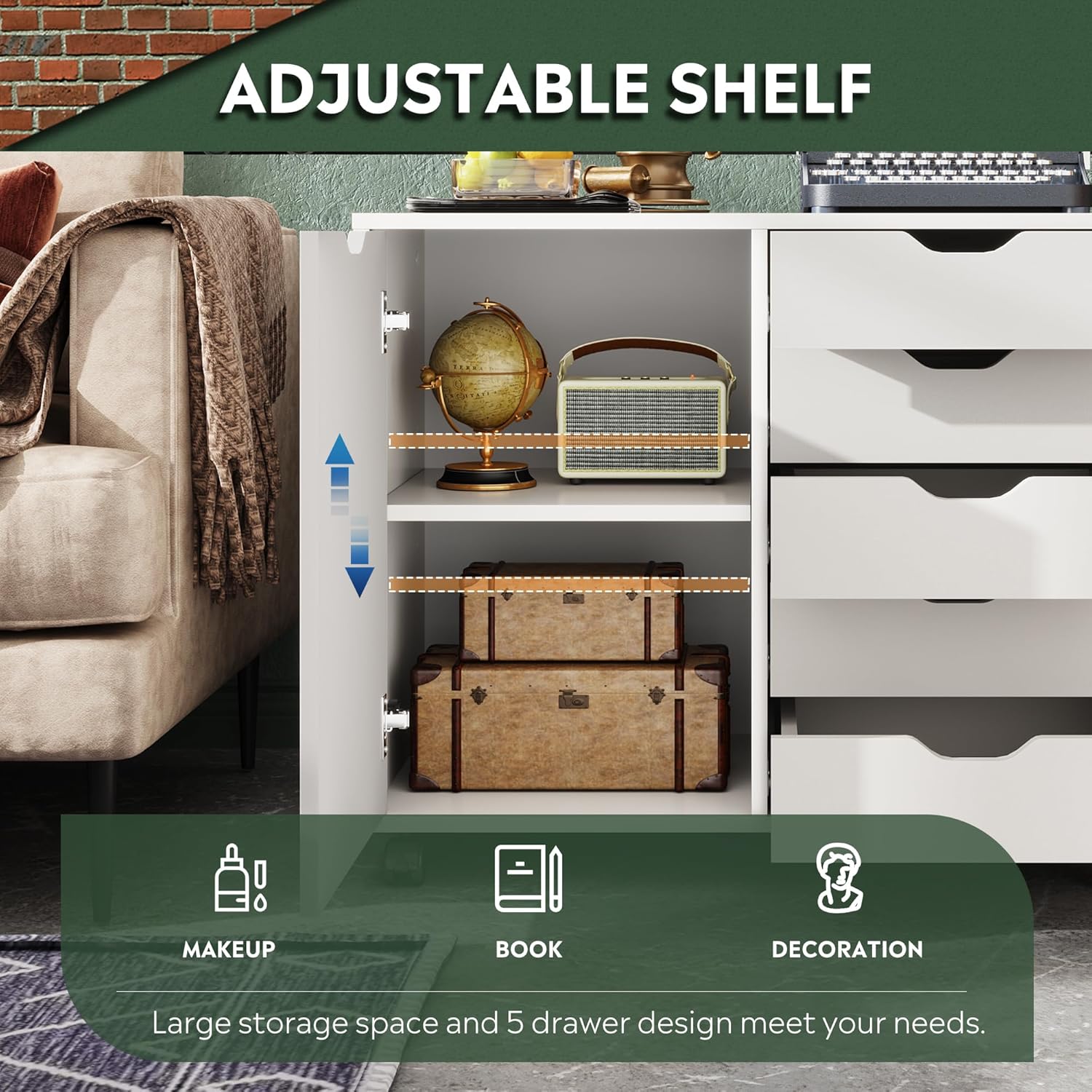 5-Drawer Wood Mobile Storage Cabinet with Door