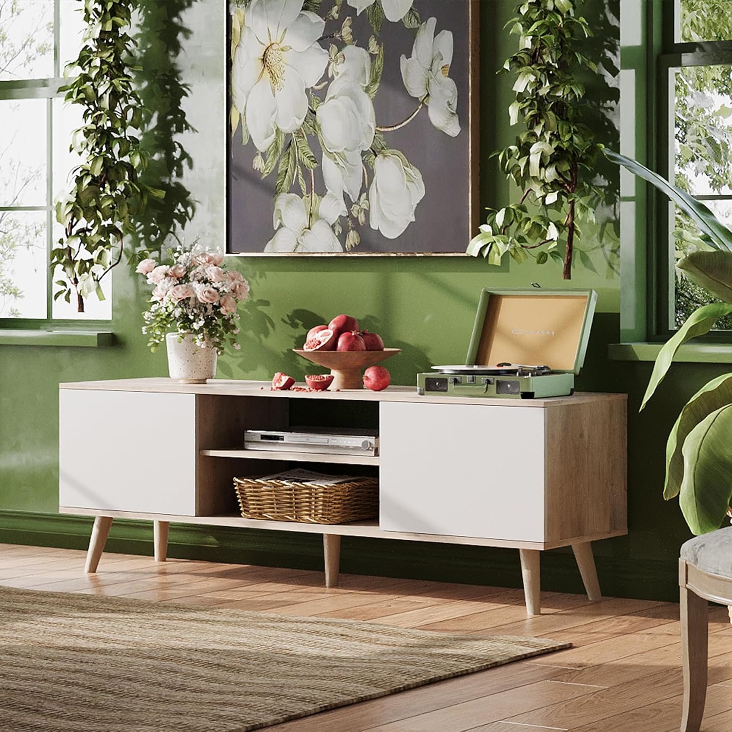 Greige WLIVE Mid Century Modern TV Stand with Cabinets for 60 inch TV in living room