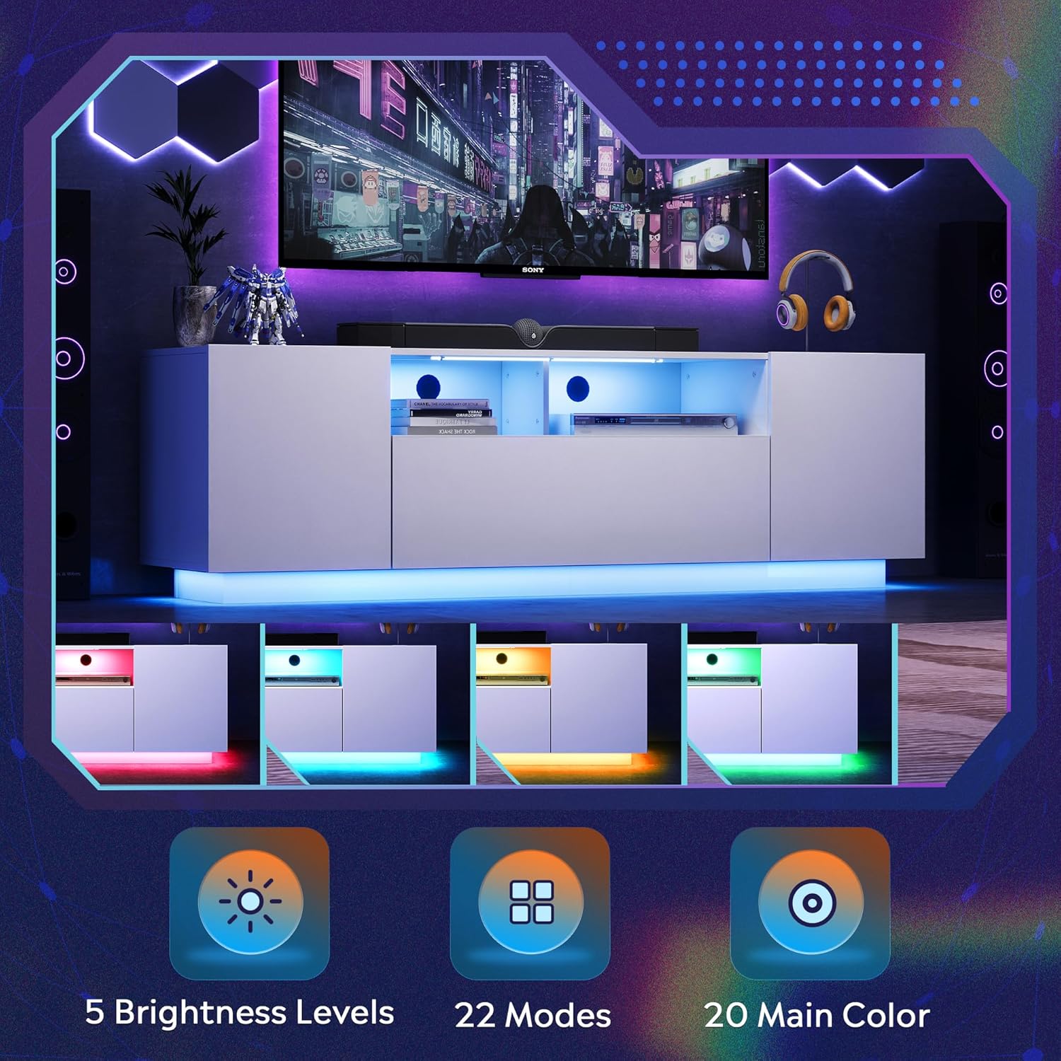 WLIVE Modern Minimalist LED TV Stand for 65 Inch TV with 20-Color LED Light Control