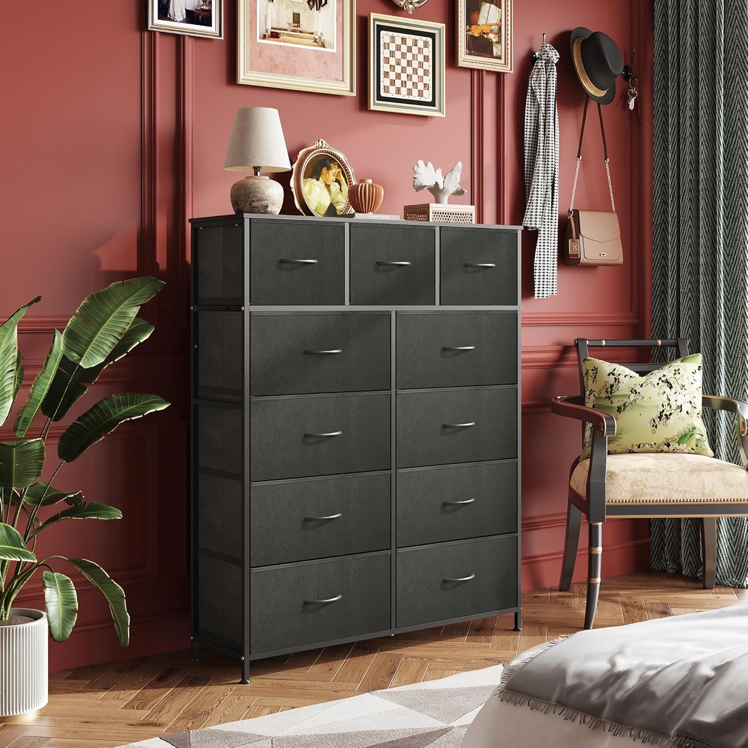 WLIVE charcoal black 11-drawer fabric storage dresser in bedroom